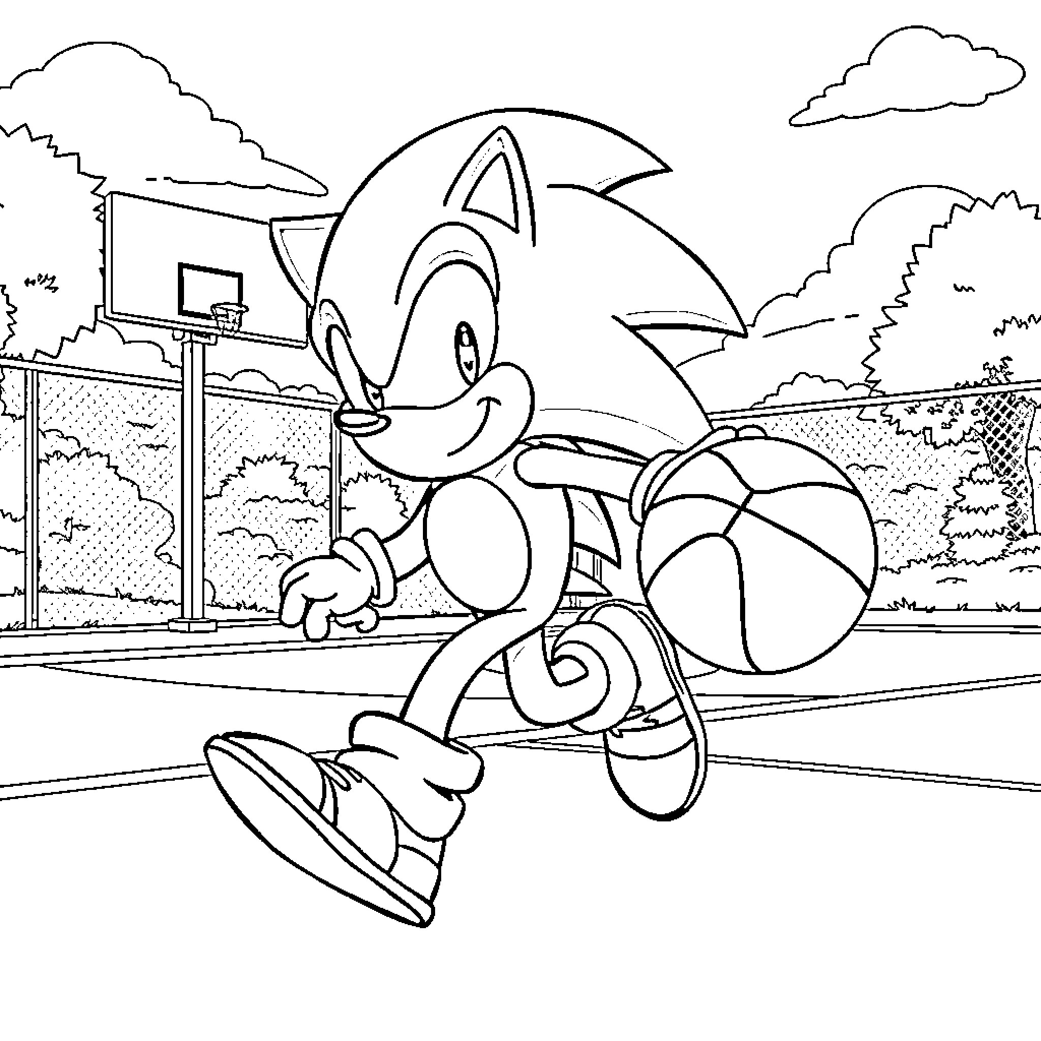 Sonic enjoying a basketball game in the park Coloring Page (free black-and-white line drawing printable PDF for all, from beginners to advanced learners, including children, teens, adults, and seniors)