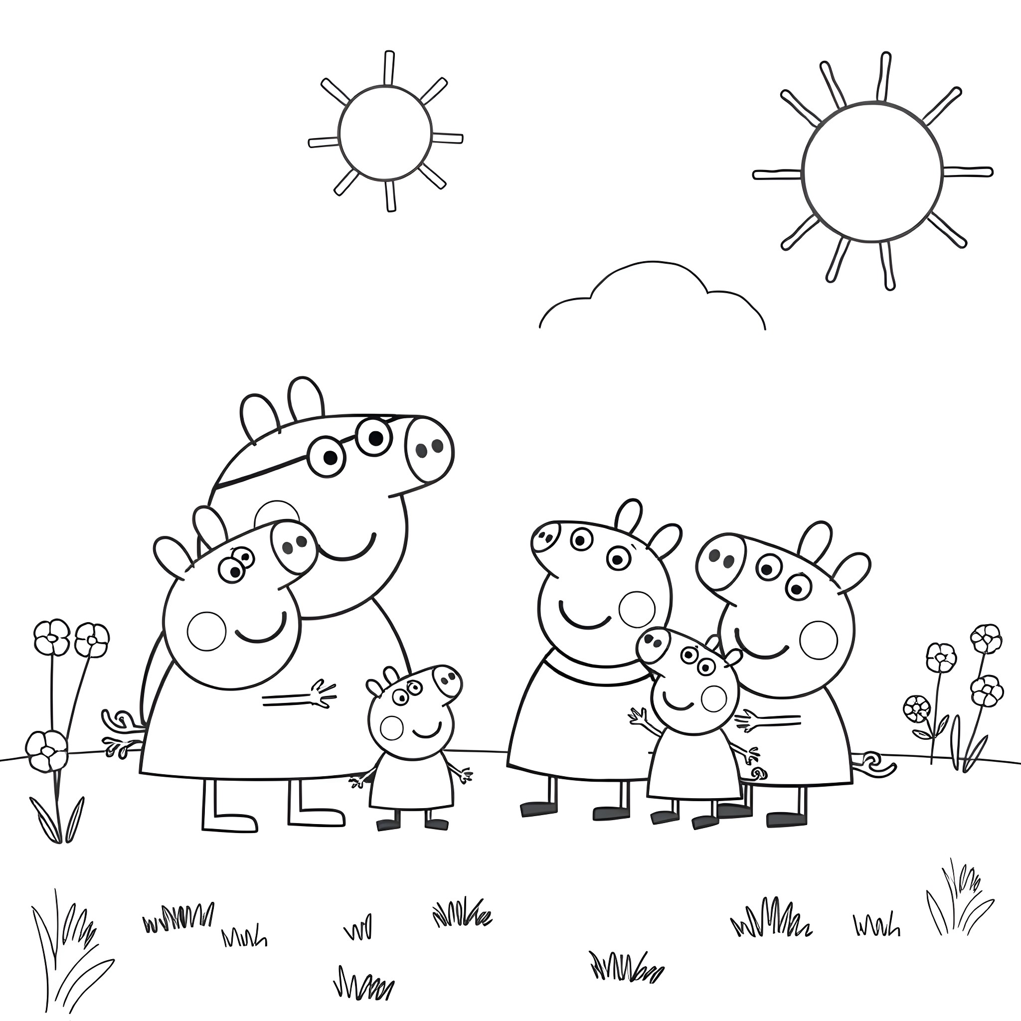 Peppa Pig family enjoying a sunny day outdoors Coloring Page (free black-and-white line drawing printable PDF for all, from beginners to advanced learners, including children, teens, adults, and seniors)