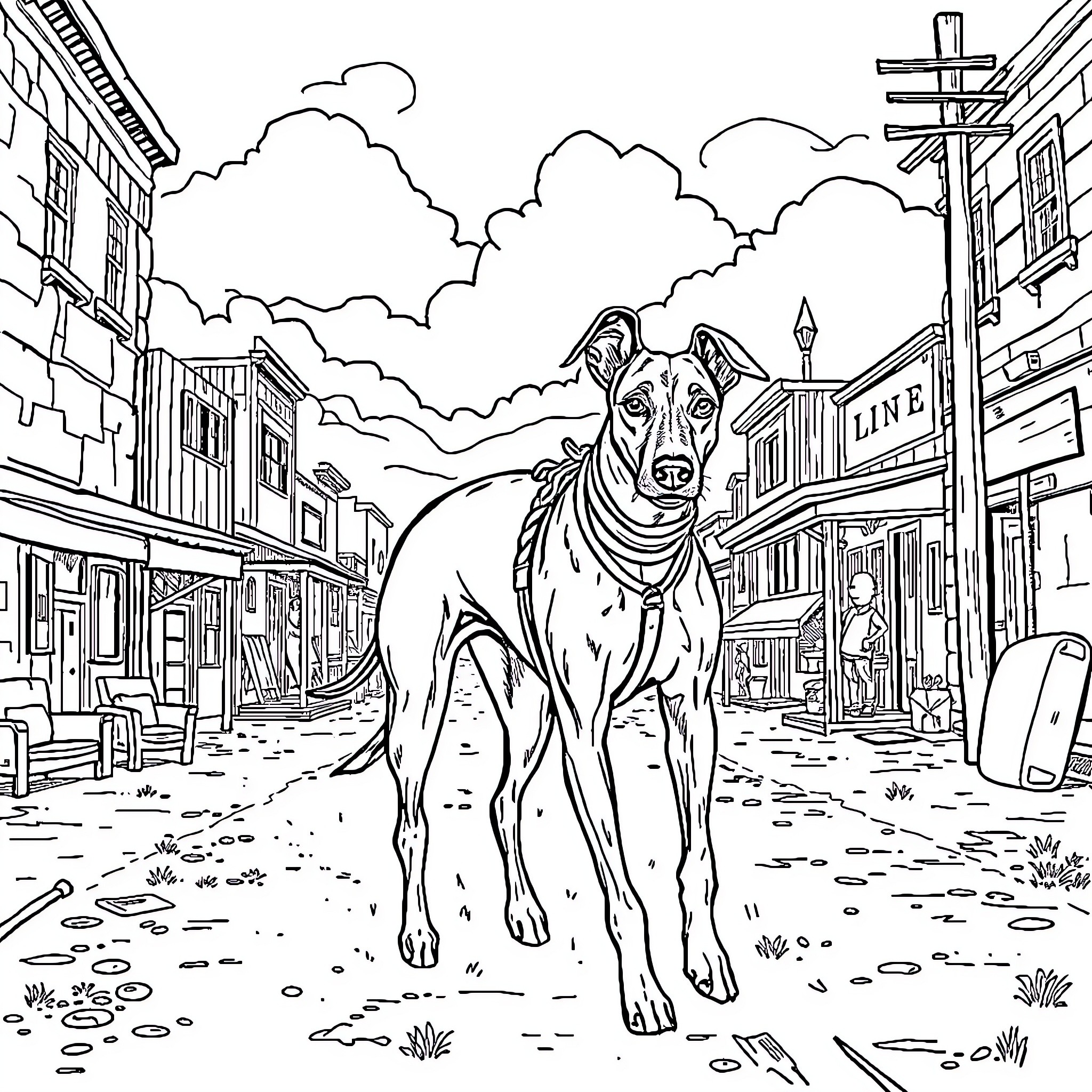 Dog strolling through a quaint Western town Coloring Page (free black-and-white line drawing printable PDF for all, from beginners to advanced learners, including children, teens, adults, and seniors)