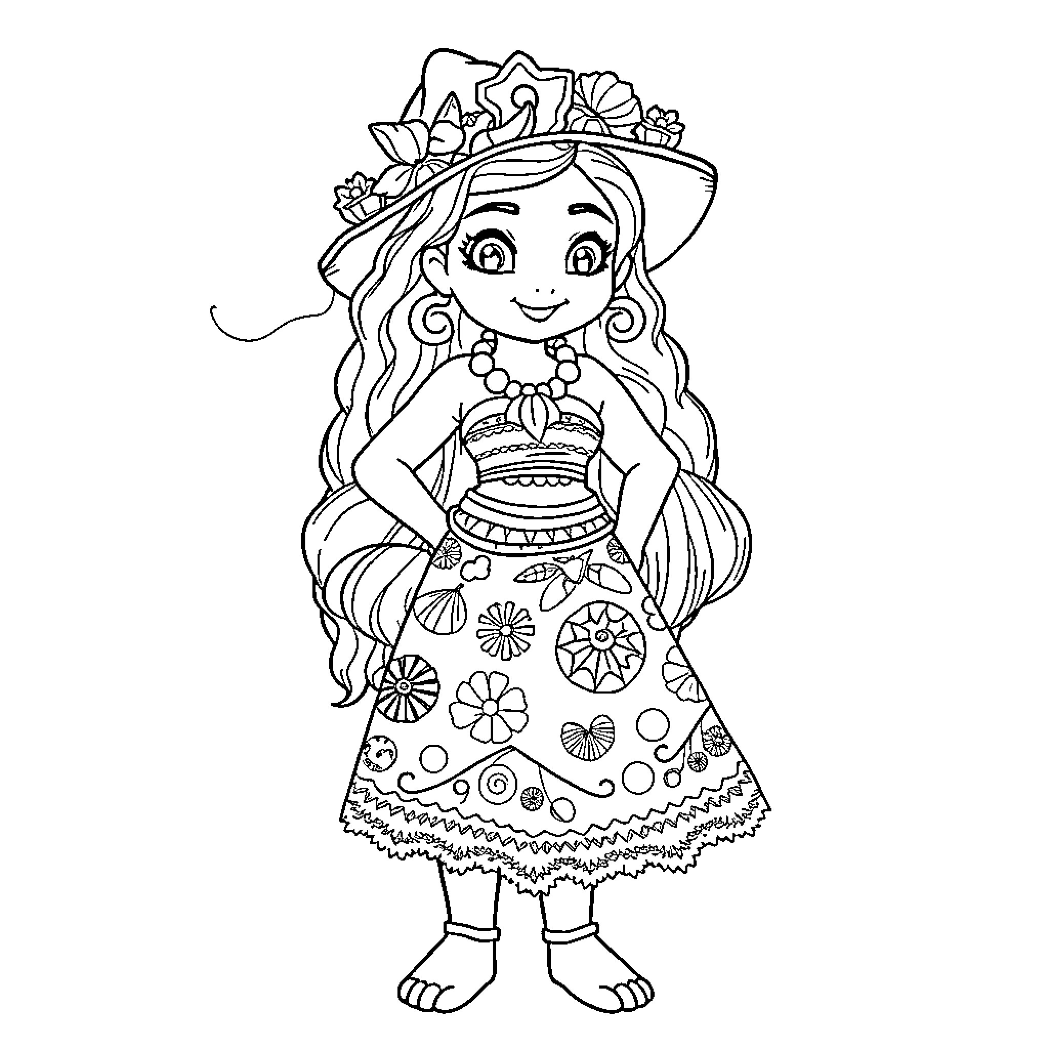 Moana wearing traditional floral dress and headpiece Coloring Page (free black-and-white line drawing printable PDF for all, from beginners to advanced learners, including children, teens, adults, and seniors)