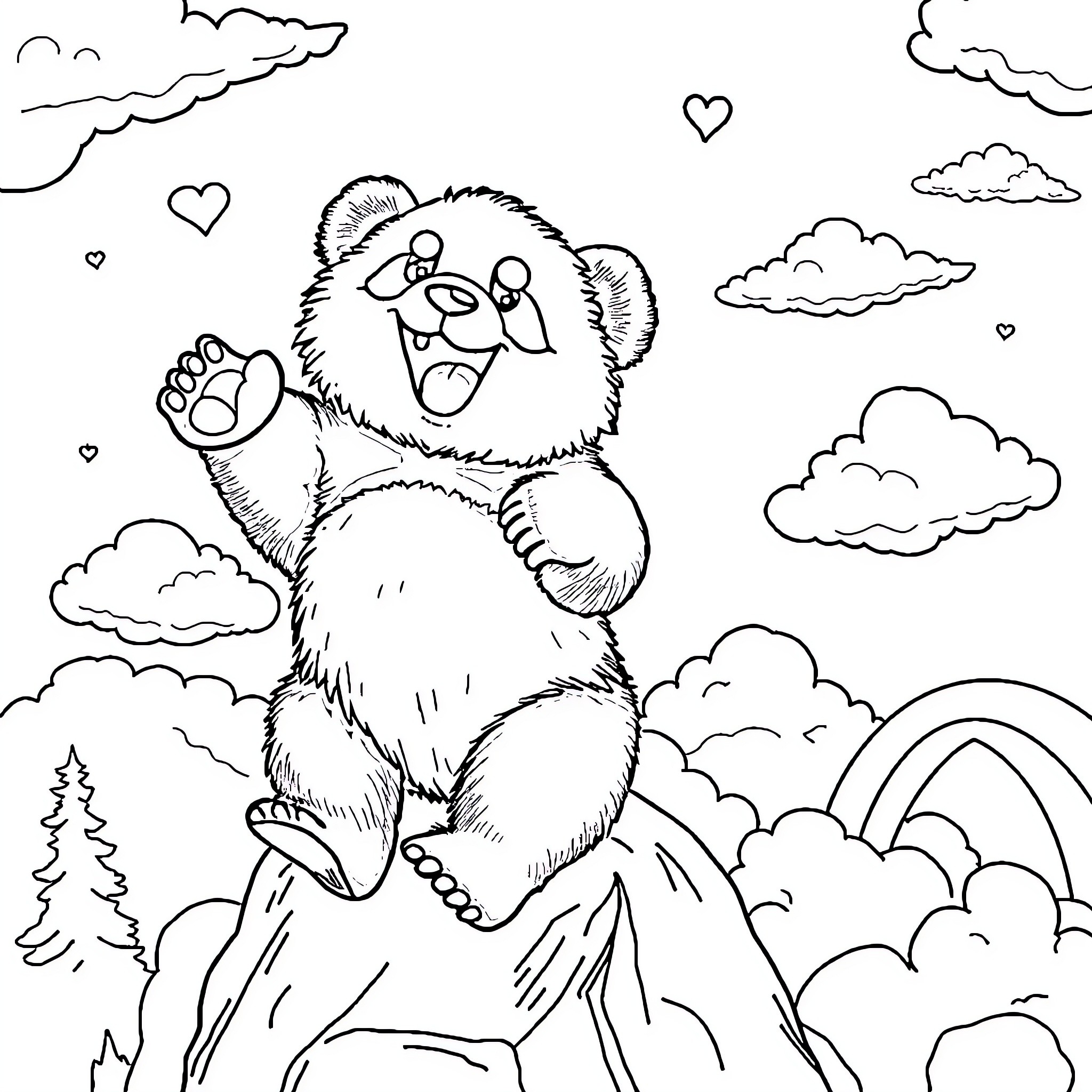 Panda happily playing in the clouds Coloring Page (free black-and-white line drawing printable PDF for all, from beginners to advanced learners, including children, teens, adults, and seniors)
