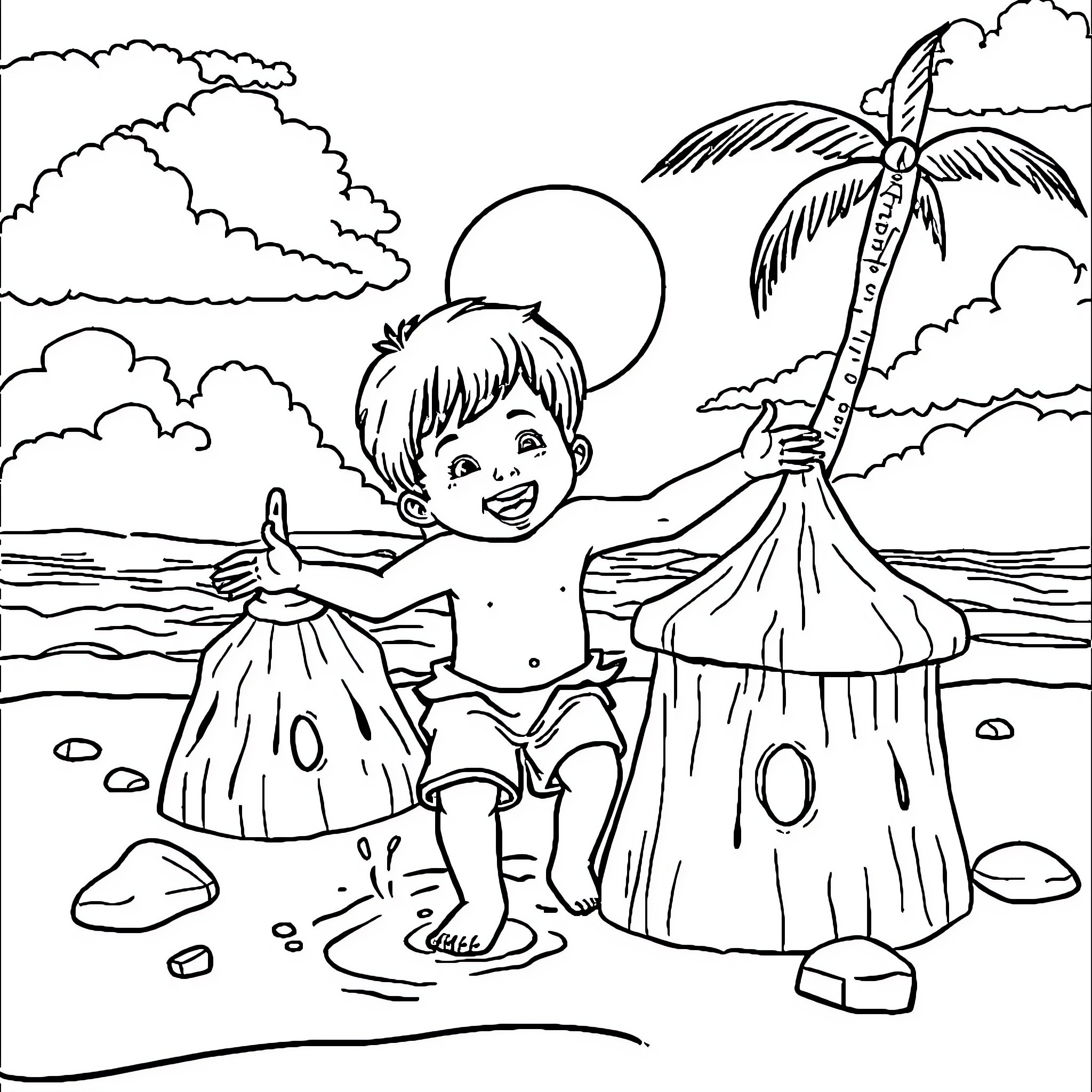 Child playing joyfully on the beach Coloring Page (free black-and-white line drawing printable PDF for all, from beginners to advanced learners, including children, teens, adults, and seniors)