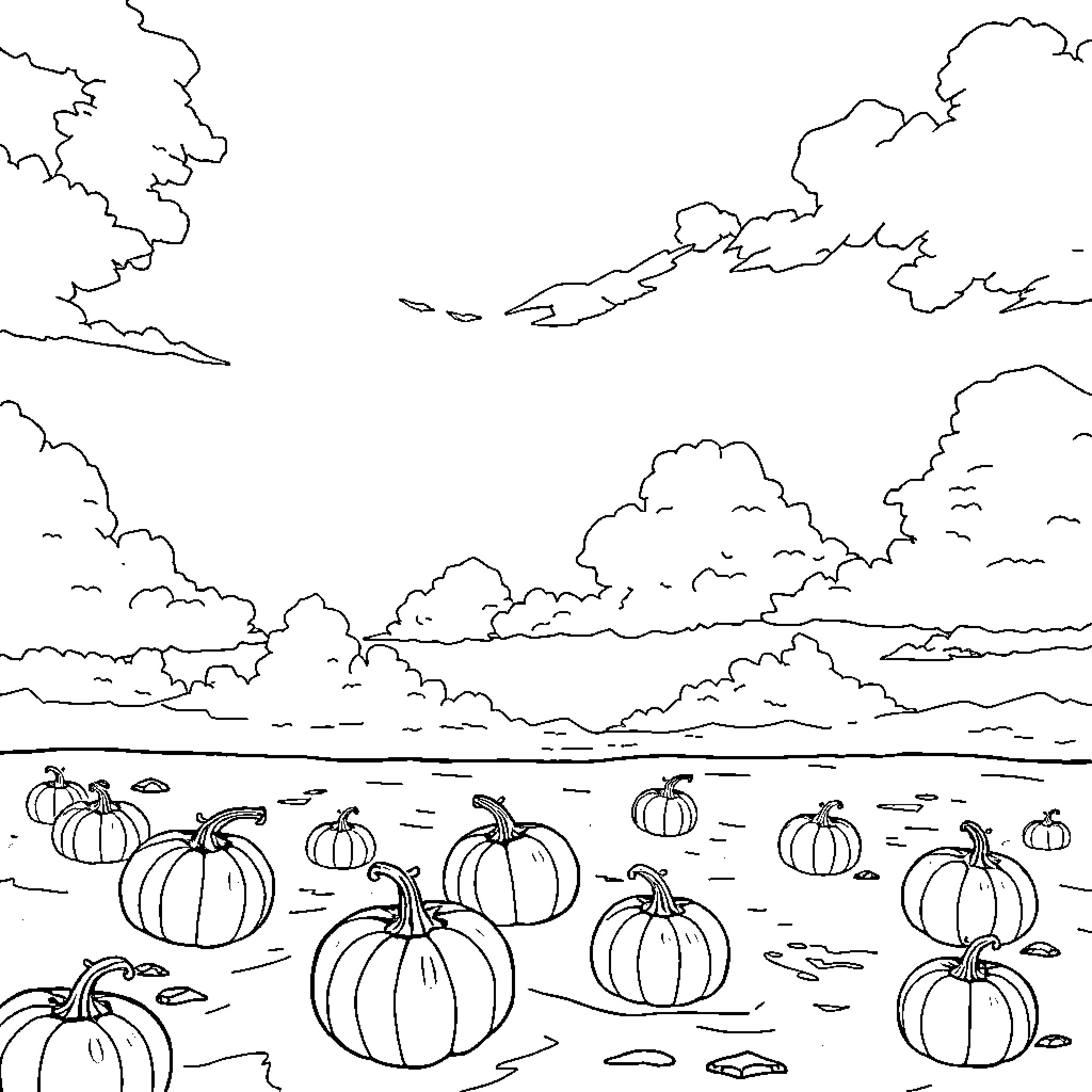 Pumpkin Patch under Cloudy Autumn Sky Coloring Page (free black-and-white line drawing printable PDF for all, from beginners to advanced learners, including children, teens, adults, and seniors)
