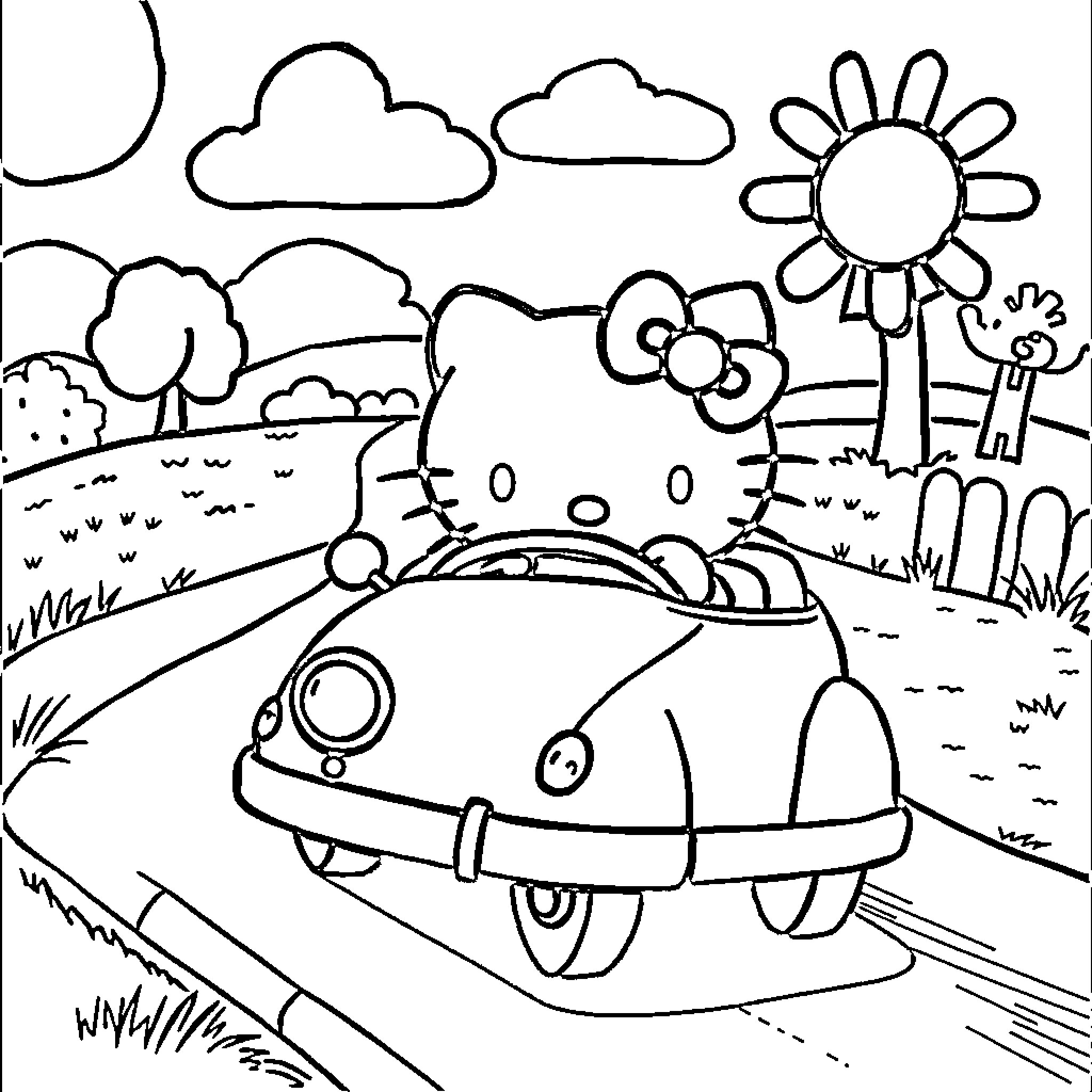 Hello Kitty Driving a Colorful Car in the Countryside Coloring Page (free black-and-white line drawing printable PDF for all, from beginners to advanced learners, including children, teens, adults, and seniors)