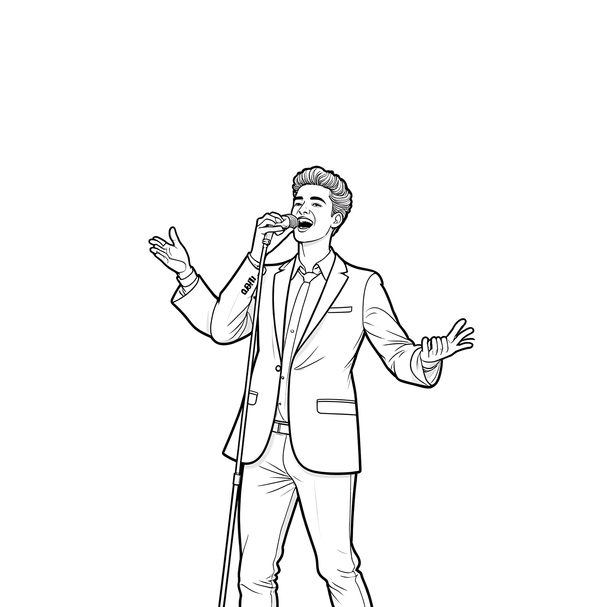 Bruno Mars performing on stage with microphone Coloring Page (free black-and-white line drawing printable PDF for all, from beginners to advanced learners, including children, teens, adults, and seniors)