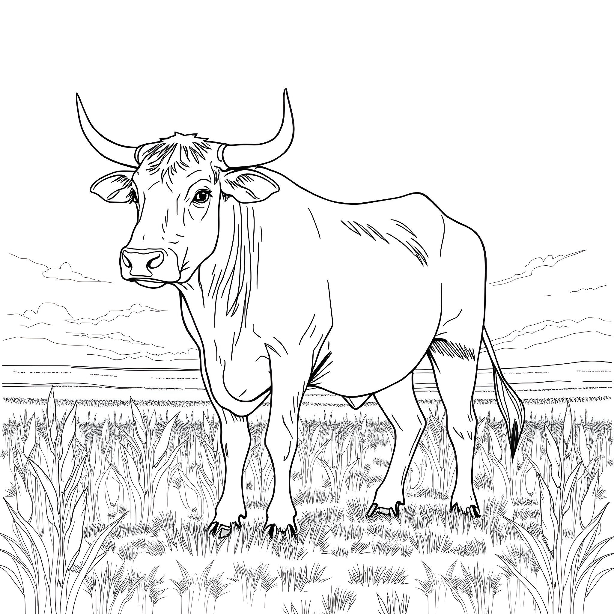 Ox standing in the meadow Coloring Page (free black-and-white line drawing printable PDF for all, from beginners to advanced learners, including children, teens, adults, and seniors)