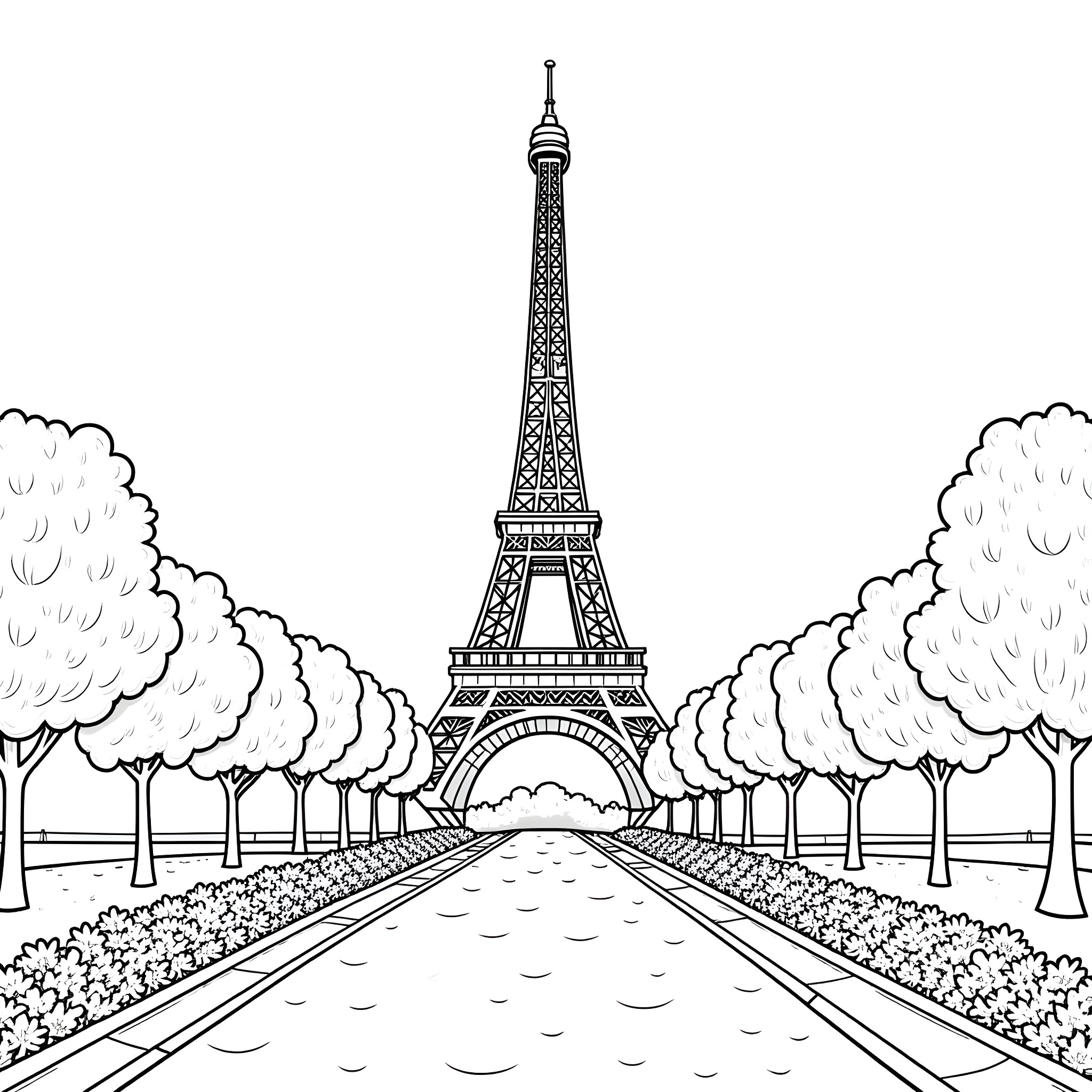 Garden pathway leading to the iconic Eiffel Tower Coloring Page (free black-and-white line drawing printable PDF for all, from beginners to advanced learners, including children, teens, adults, and seniors)