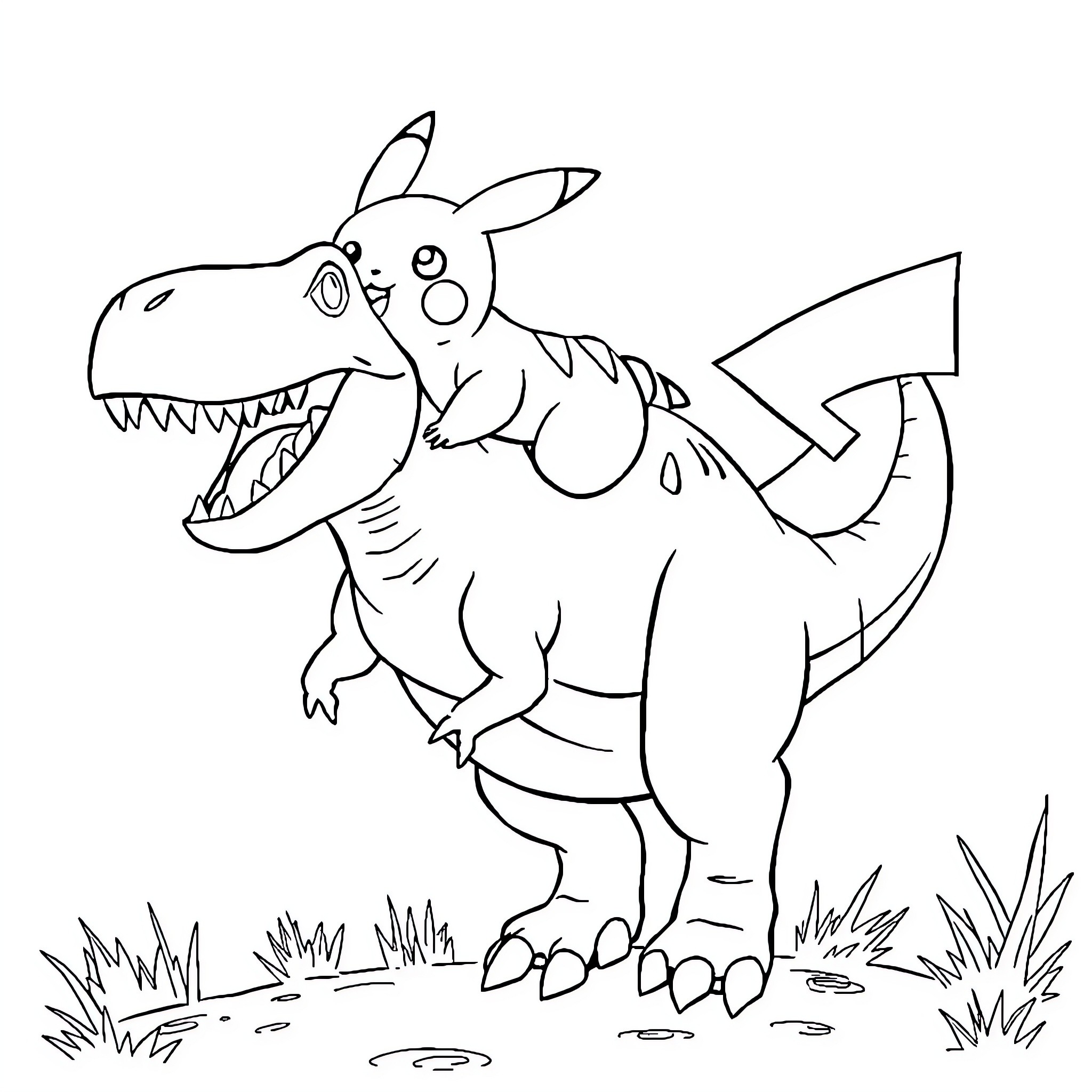 Pikachu as a fierce dinosaur monster Coloring Page (free black-and-white line drawing printable PDF for all, from beginners to advanced learners, including children, teens, adults, and seniors)