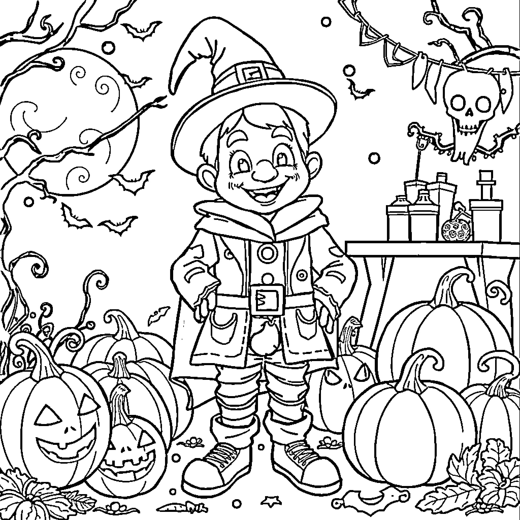 Santiago's Halloween Celebration Coloring Page (free black-and-white line drawing printable PDF for all, from beginners to advanced learners, including children, teens, adults, and seniors)