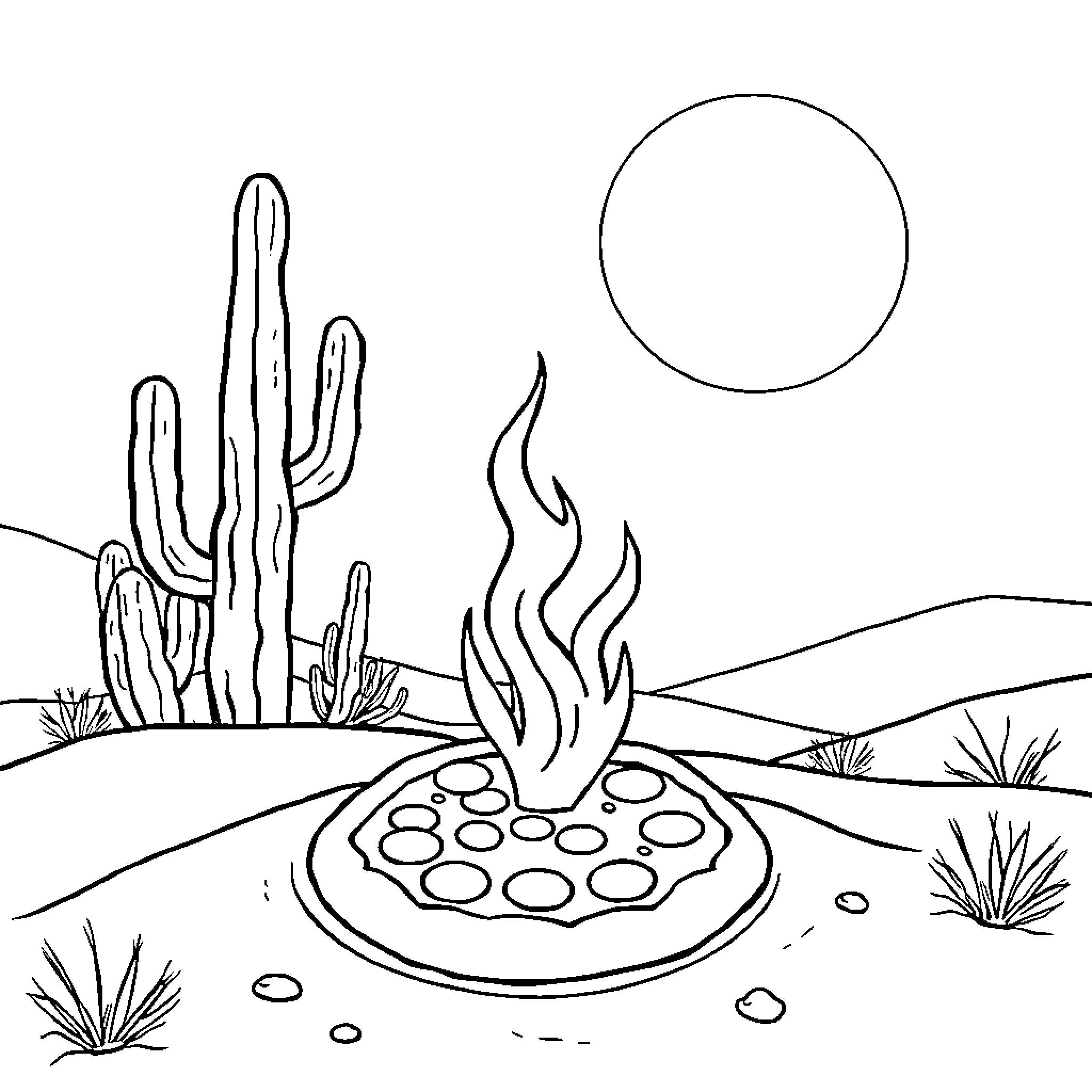 Pizza Cooking Over Campfire in Desert Landscape Coloring Page (free black-and-white line drawing printable PDF for all, from beginners to advanced learners, including children, teens, adults, and seniors)