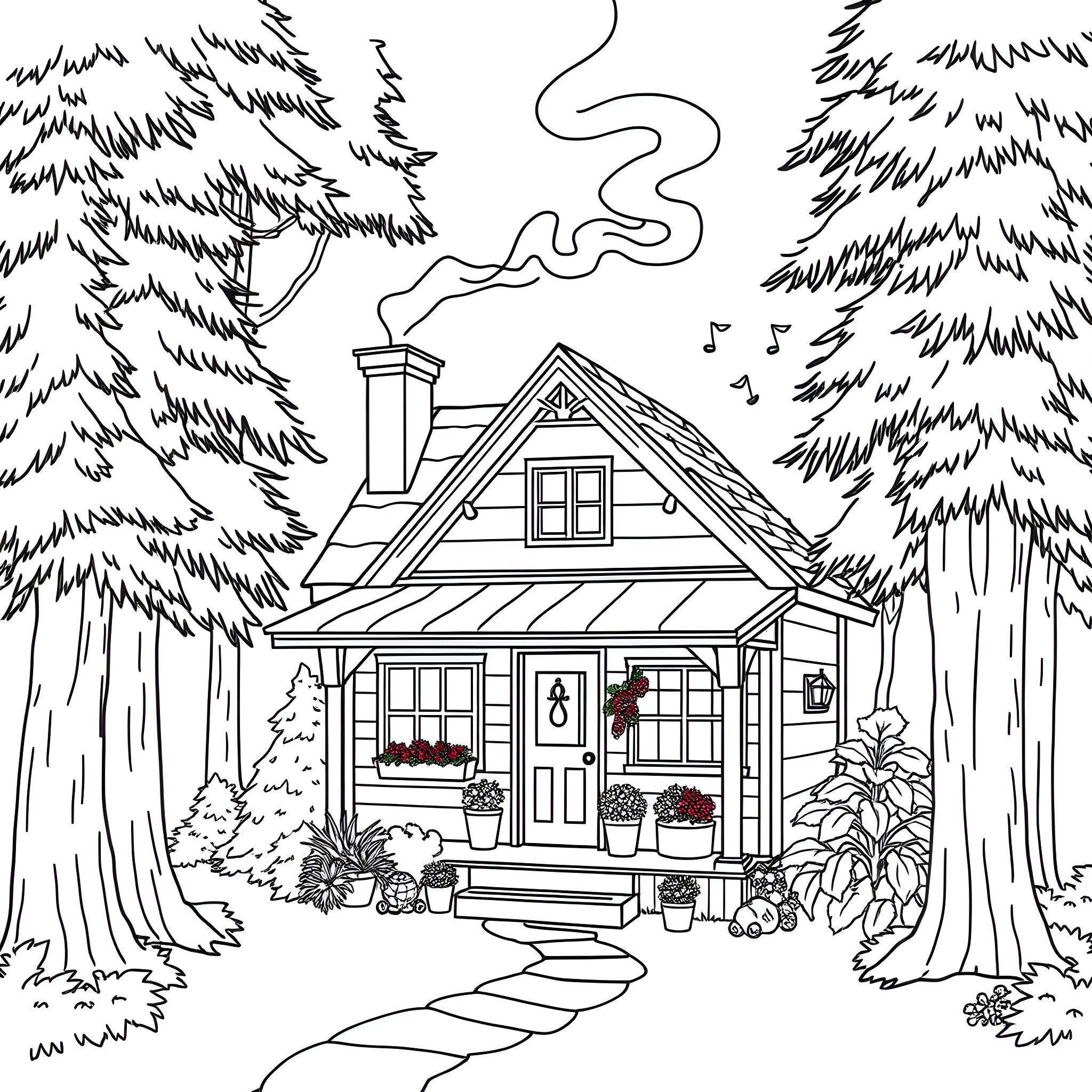 House in Snowy Forest with Warm Lights Coloring Page (free black-and-white line drawing printable PDF for all, from beginners to advanced learners, including children, teens, adults, and seniors)