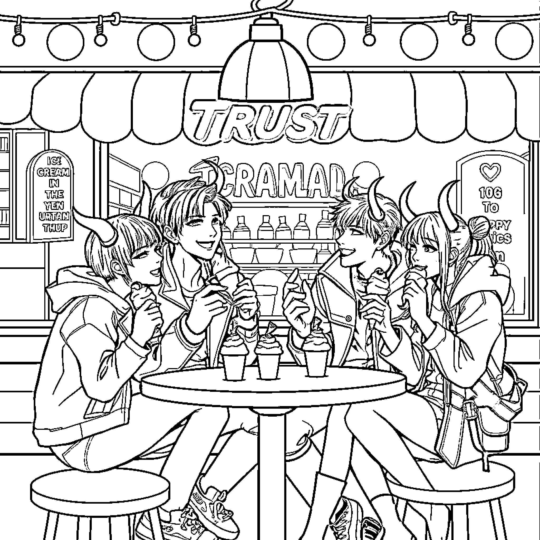 Demon Hunter Teens Socializing at Cafe Coloring Page (free black-and-white line drawing printable PDF for all, from beginners to advanced learners, including children, teens, adults, and seniors)