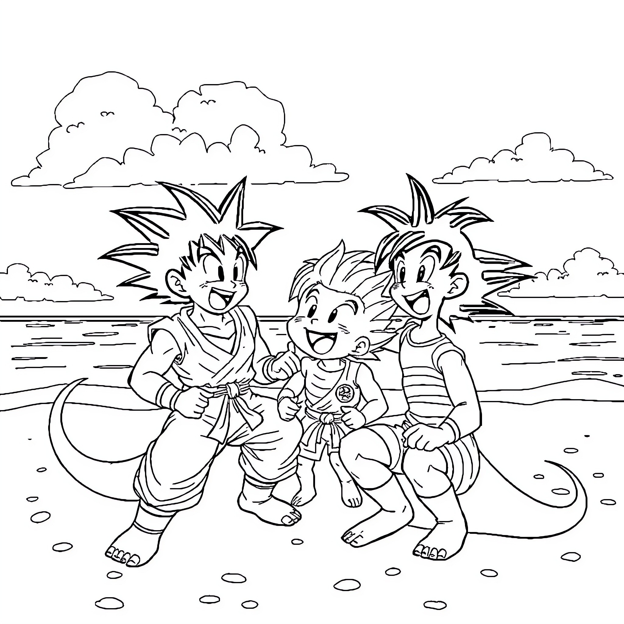 Dragon Ball Characters Adventuring on the Beach Coloring Page (free black-and-white line drawing printable PDF for all, from beginners to advanced learners, including children, teens, adults, and seniors)
