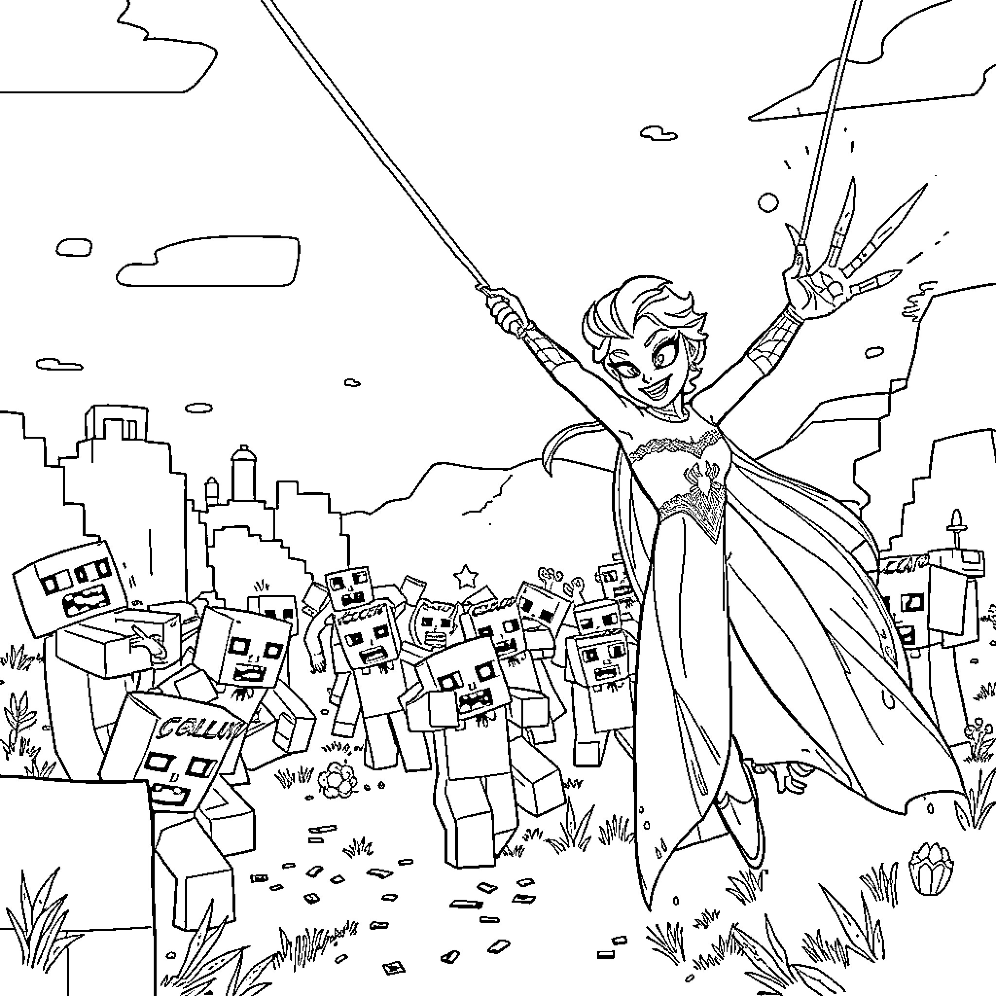 Elsa Unleashing her Icy Powers in an Epic Scene Coloring Page (free black-and-white line drawing printable PDF for all, from beginners to advanced learners, including children, teens, adults, and seniors)