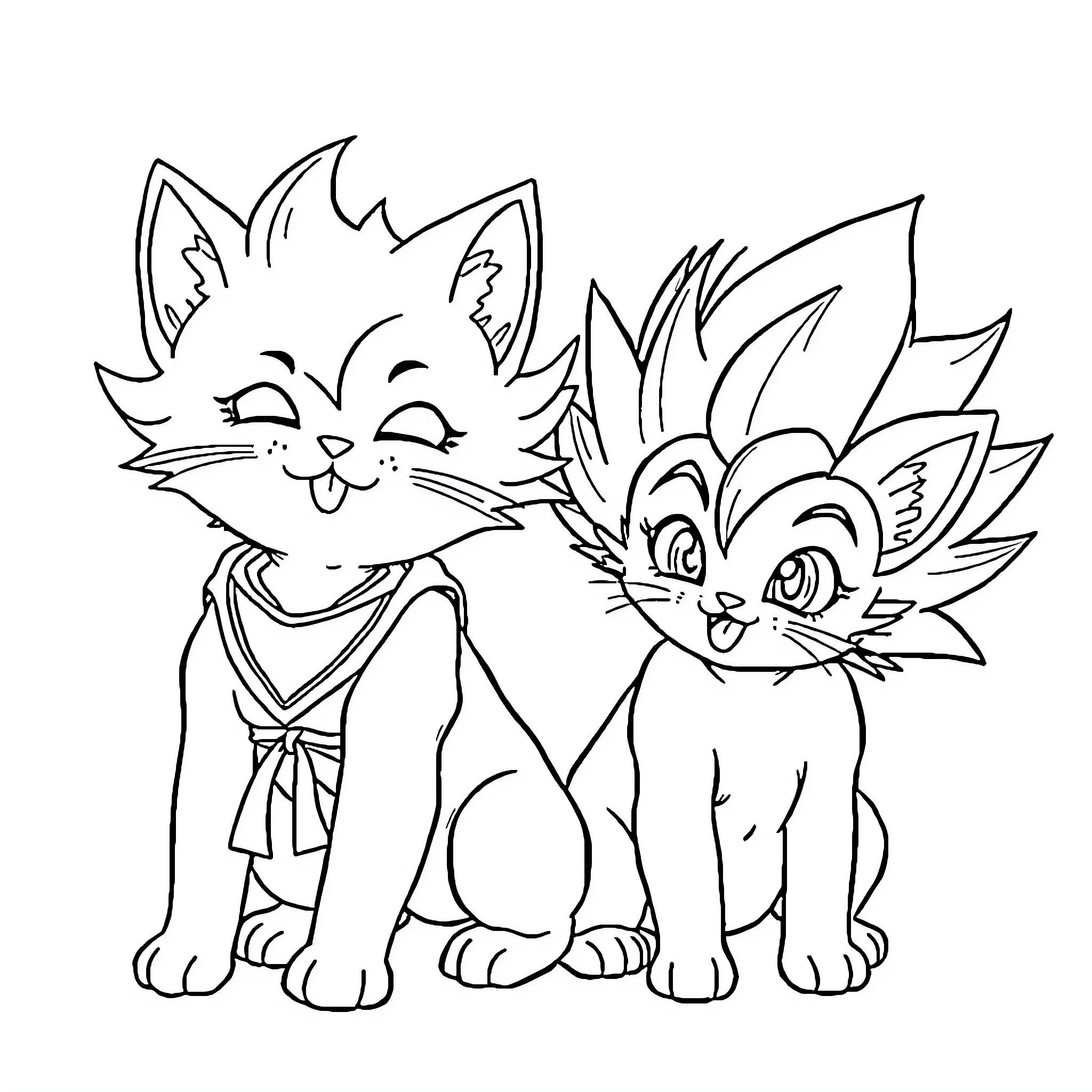 Cats in Anime Costumes Coloring Page (free black-and-white line drawing printable PDF for all, from beginners to advanced learners, including children, teens, adults, and seniors)