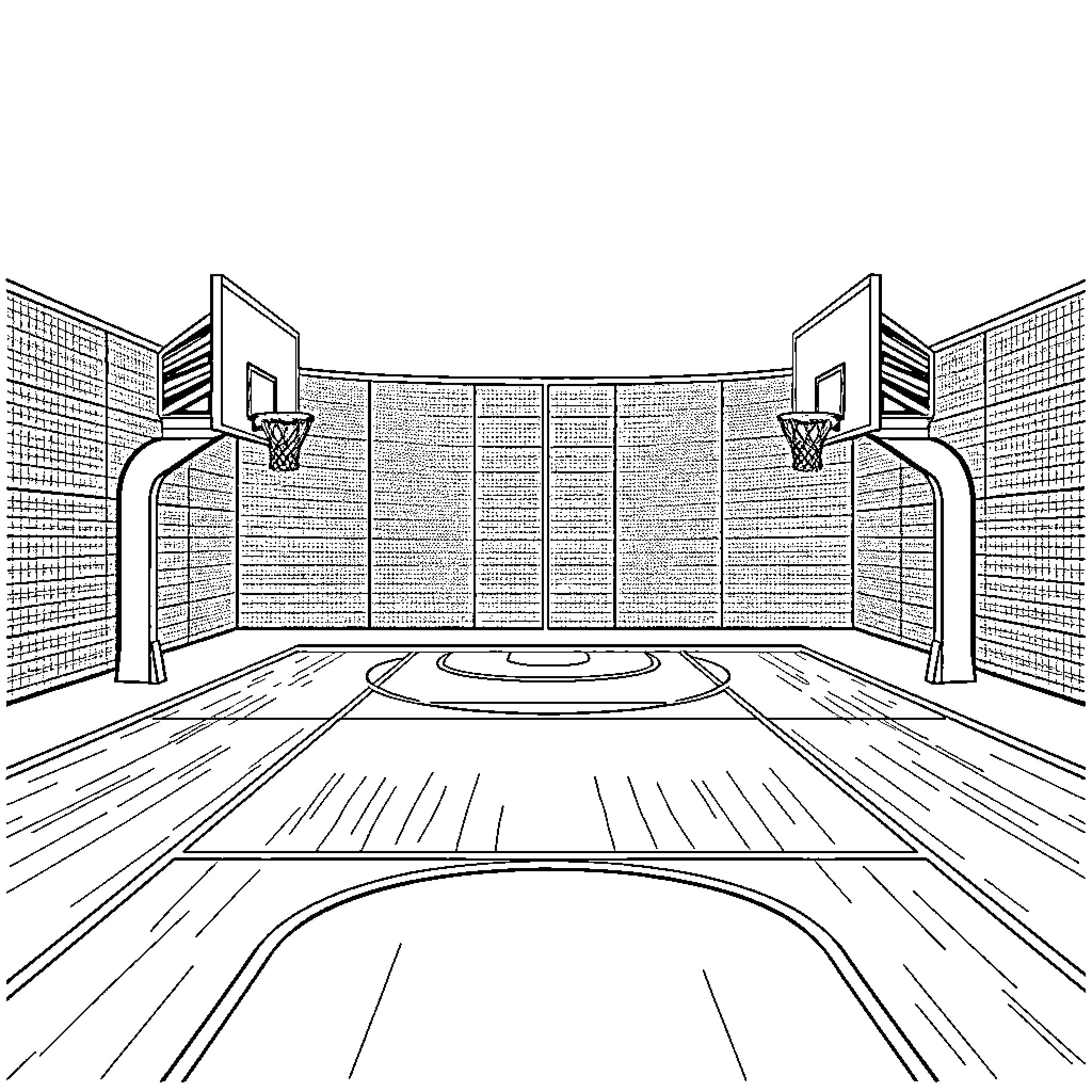 Basketball Court with Symmetrical Design Coloring Page (free black-and-white line drawing printable PDF for all, from beginners to advanced learners, including children, teens, adults, and seniors)