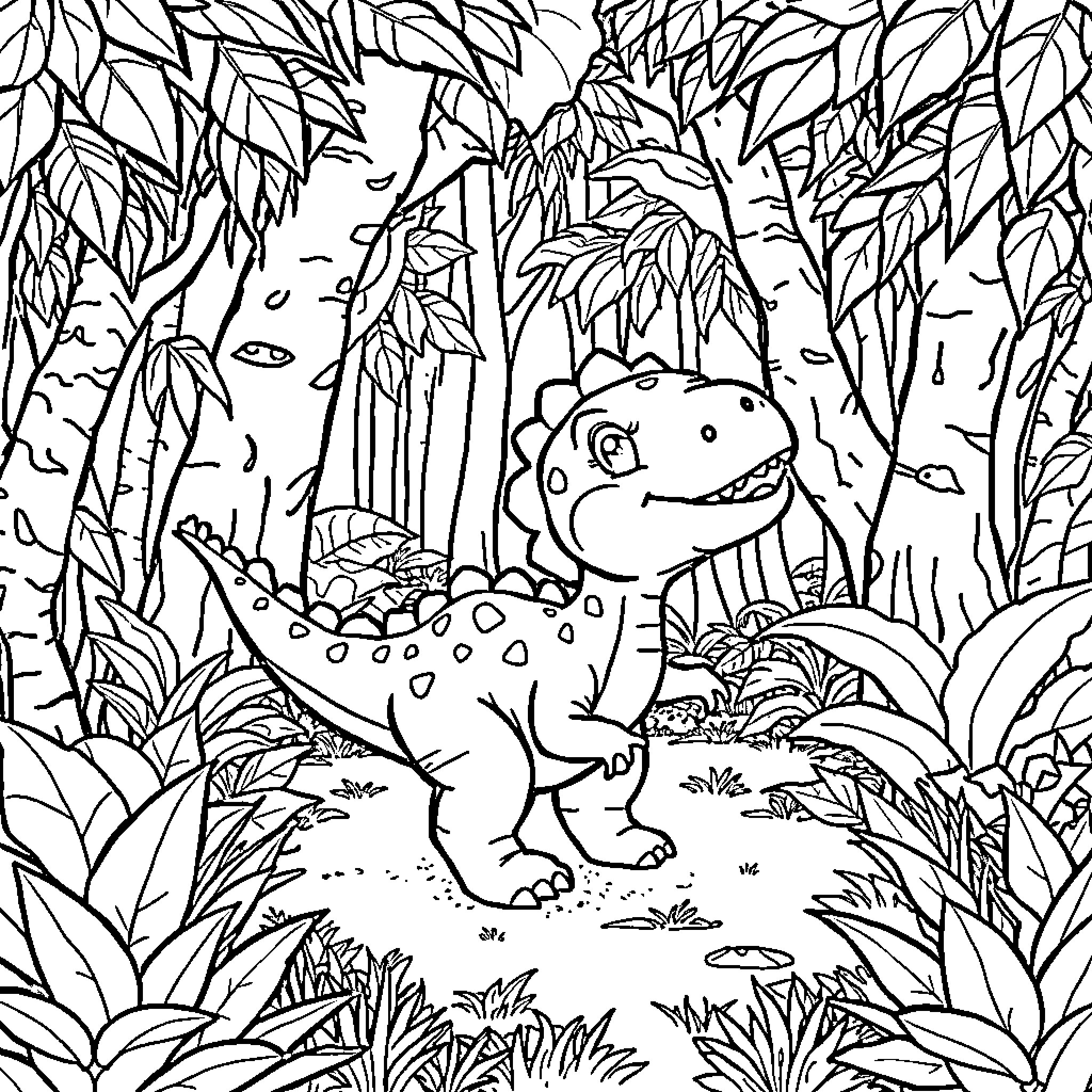 Dinosaur exploring the lush forest landscape Coloring Page (free black-and-white line drawing printable PDF for all, from beginners to advanced learners, including children, teens, adults, and seniors)