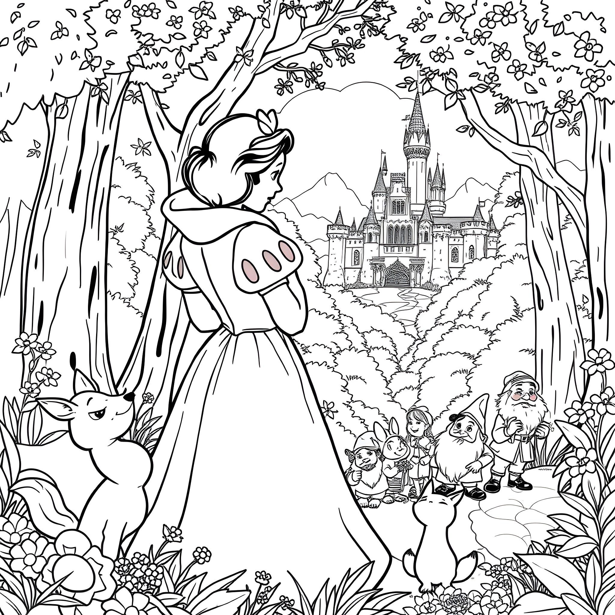 Snow White's Adventure in the Enchanted Forest Coloring Page (free black-and-white line drawing printable PDF for all, from beginners to advanced learners, including children, teens, adults, and seniors)