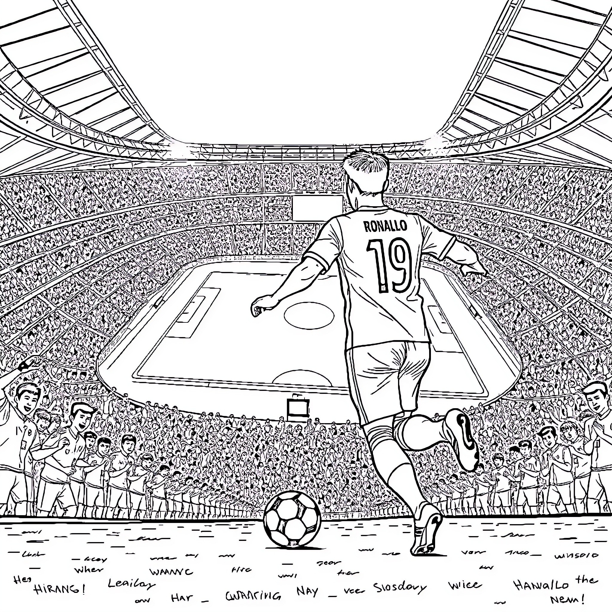 Ronaldo's Soccer Skills on Display in Stadium Coloring Page (free black-and-white line drawing printable PDF for all, from beginners to advanced learners, including children, teens, adults, and seniors)