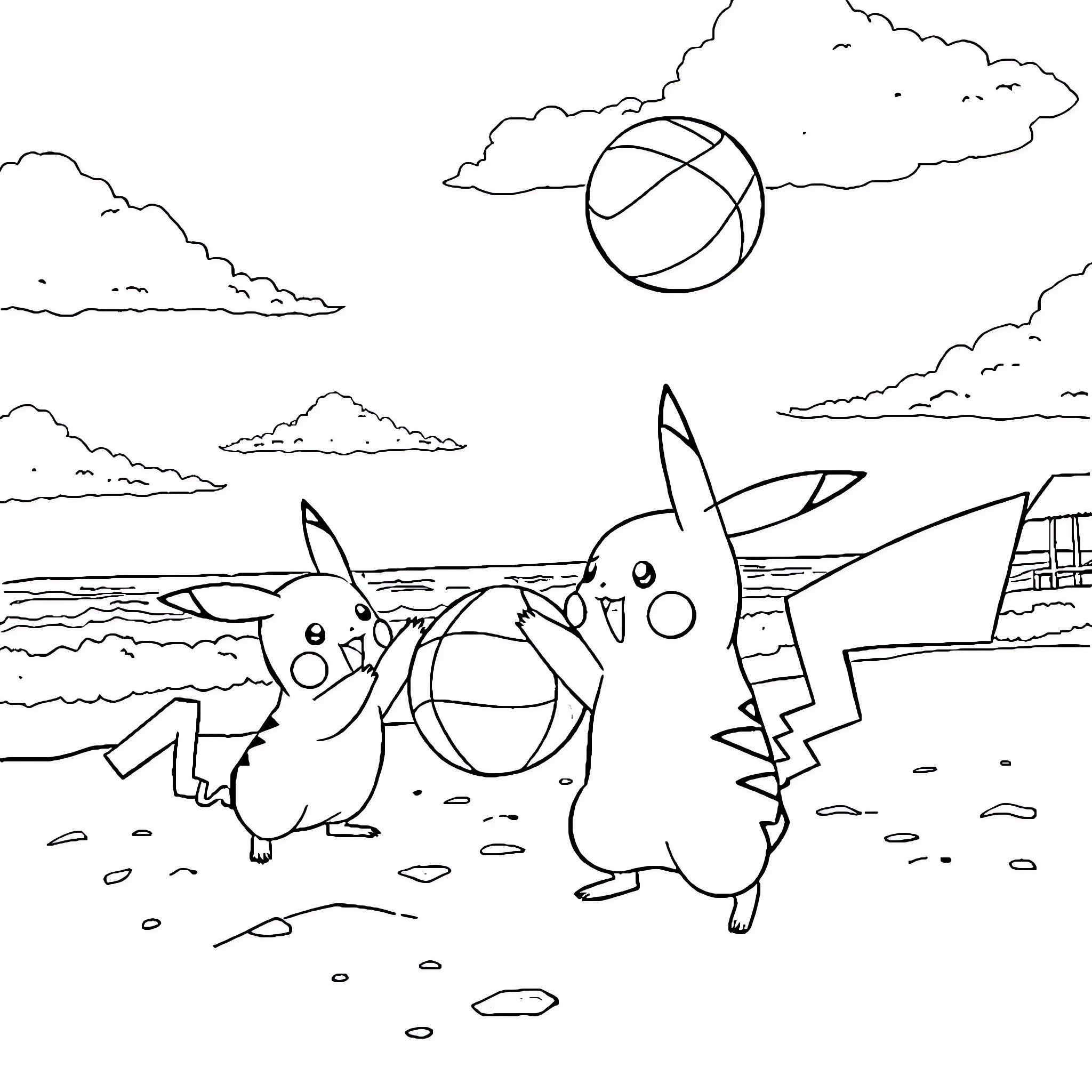 Pikachu playing on the beach with friends Coloring Page (free black-and-white line drawing printable PDF for all, from beginners to advanced learners, including children, teens, adults, and seniors)