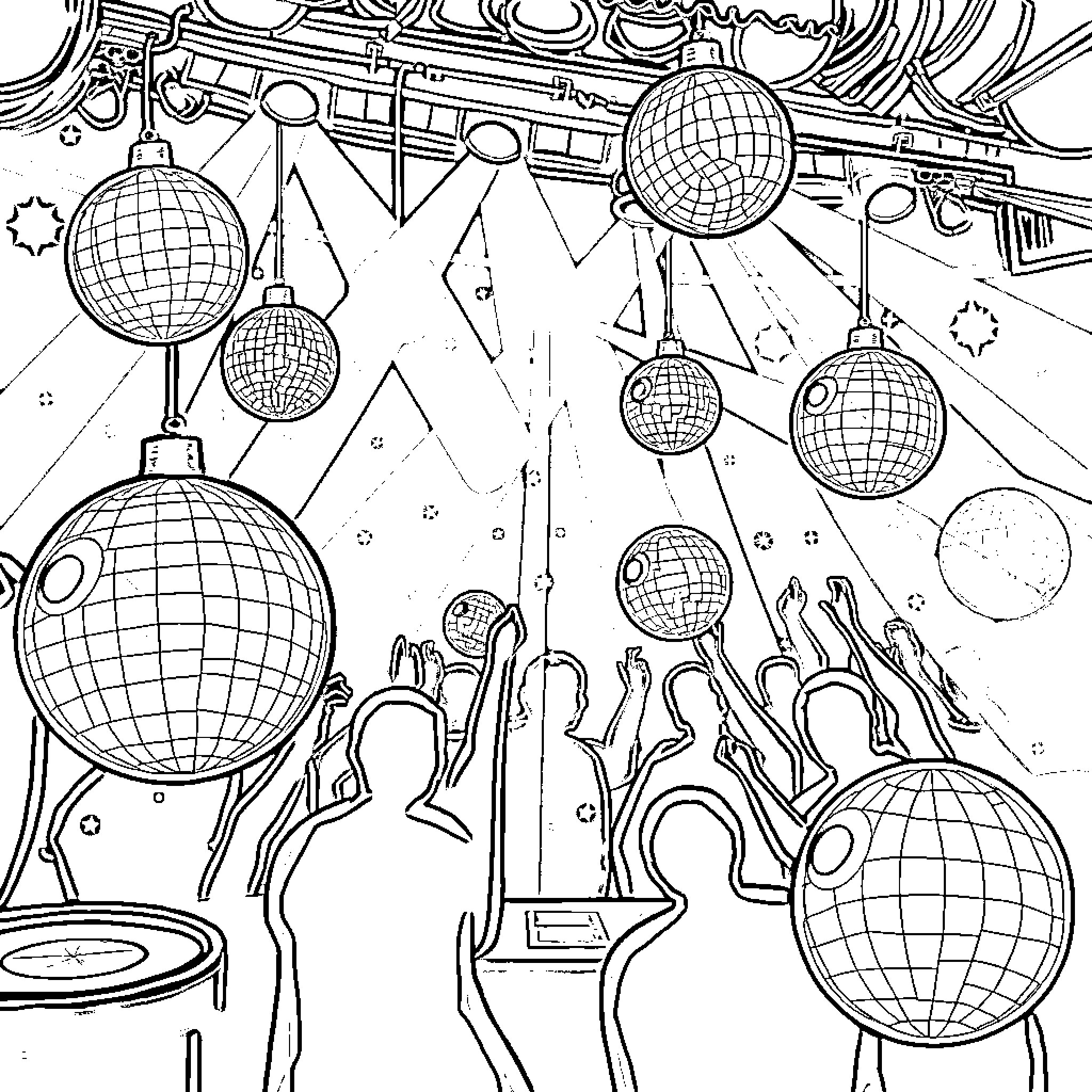 Disco Ball Dancers in a Vibrant Nightclub Coloring Page (free black-and-white line drawing printable PDF for all, from beginners to advanced learners, including children, teens, adults, and seniors)