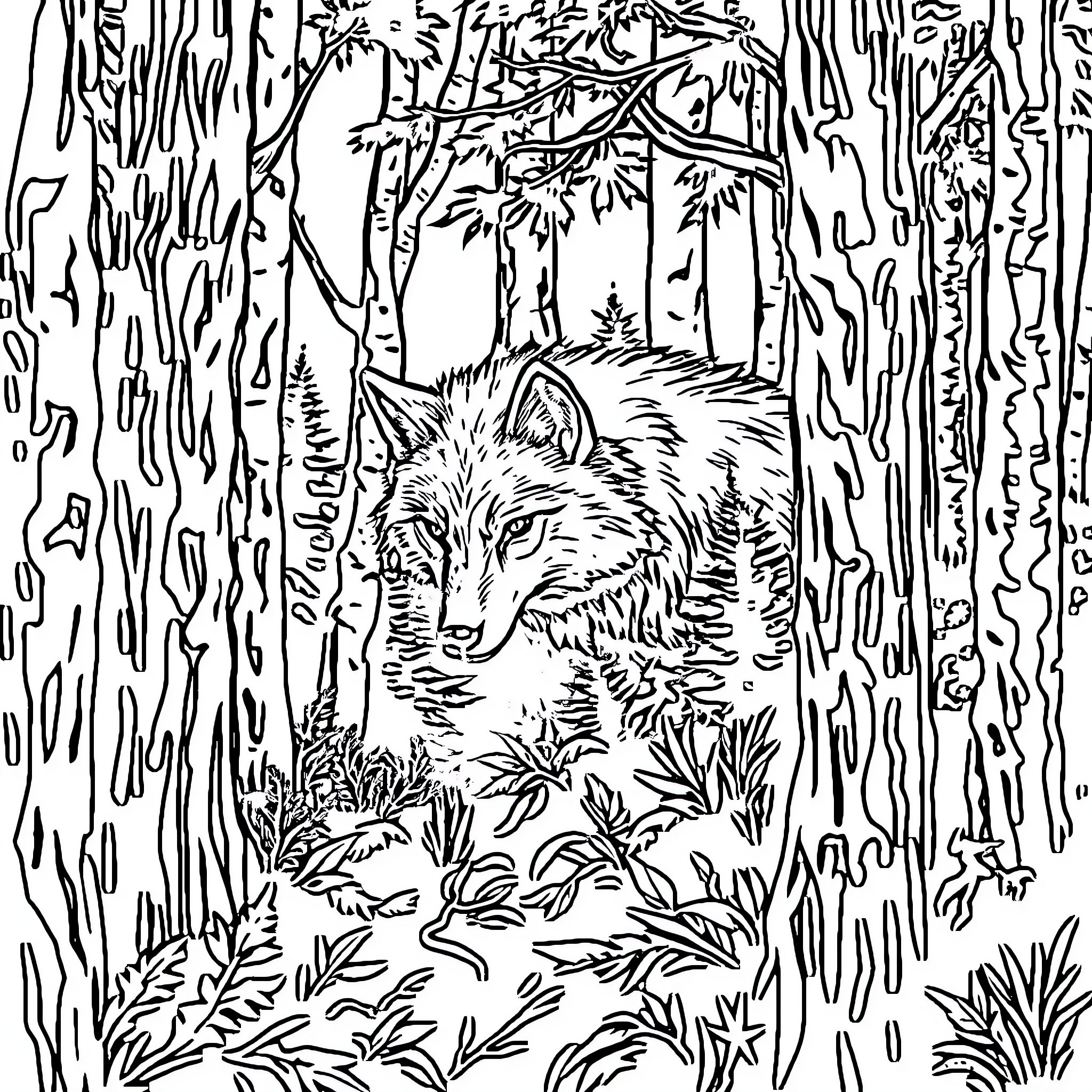 Wolf stalking through the dense forest Coloring Page (free black-and-white line drawing printable PDF for all, from beginners to advanced learners, including children, teens, adults, and seniors)