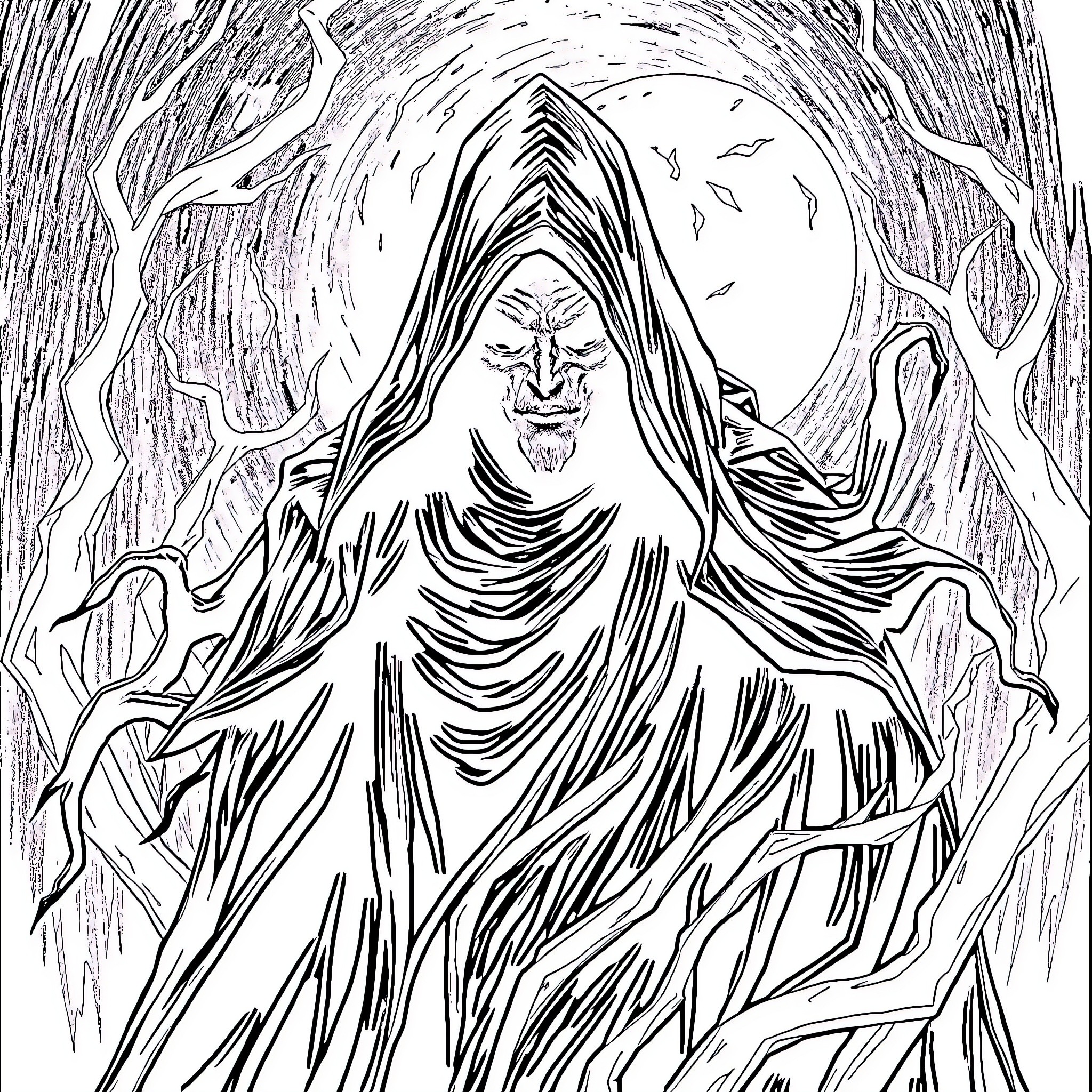 Eshtri - Mysterious hooded figure in dark forest Coloring Page (free black-and-white line drawing printable PDF for all, from beginners to advanced learners, including children, teens, adults, and seniors)