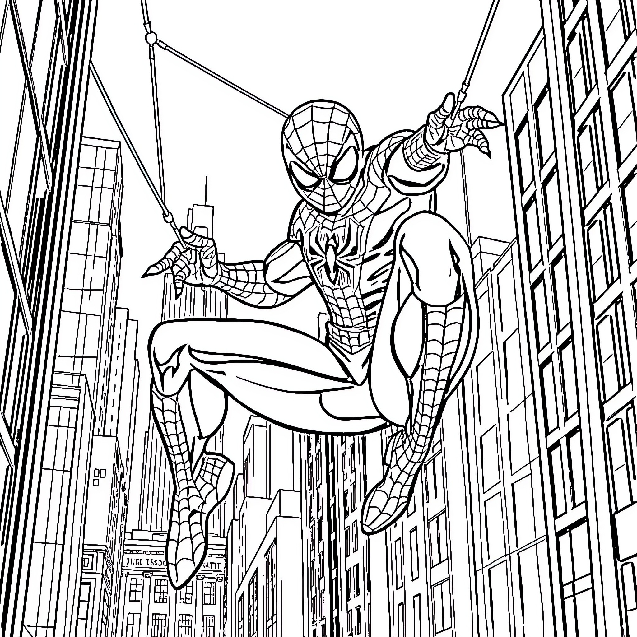 Spiderman swinging through the city skyline Coloring Page (free black-and-white line drawing printable PDF for all, from beginners to advanced learners, including children, teens, adults, and seniors)