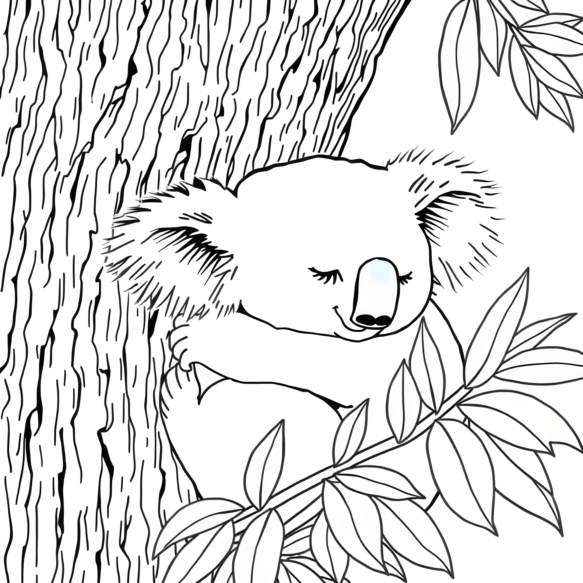 Koala resting peacefully in the eucalyptus tree Coloring Page (free black-and-white line drawing printable PDF for all, from beginners to advanced learners, including children, teens, adults, and seniors)