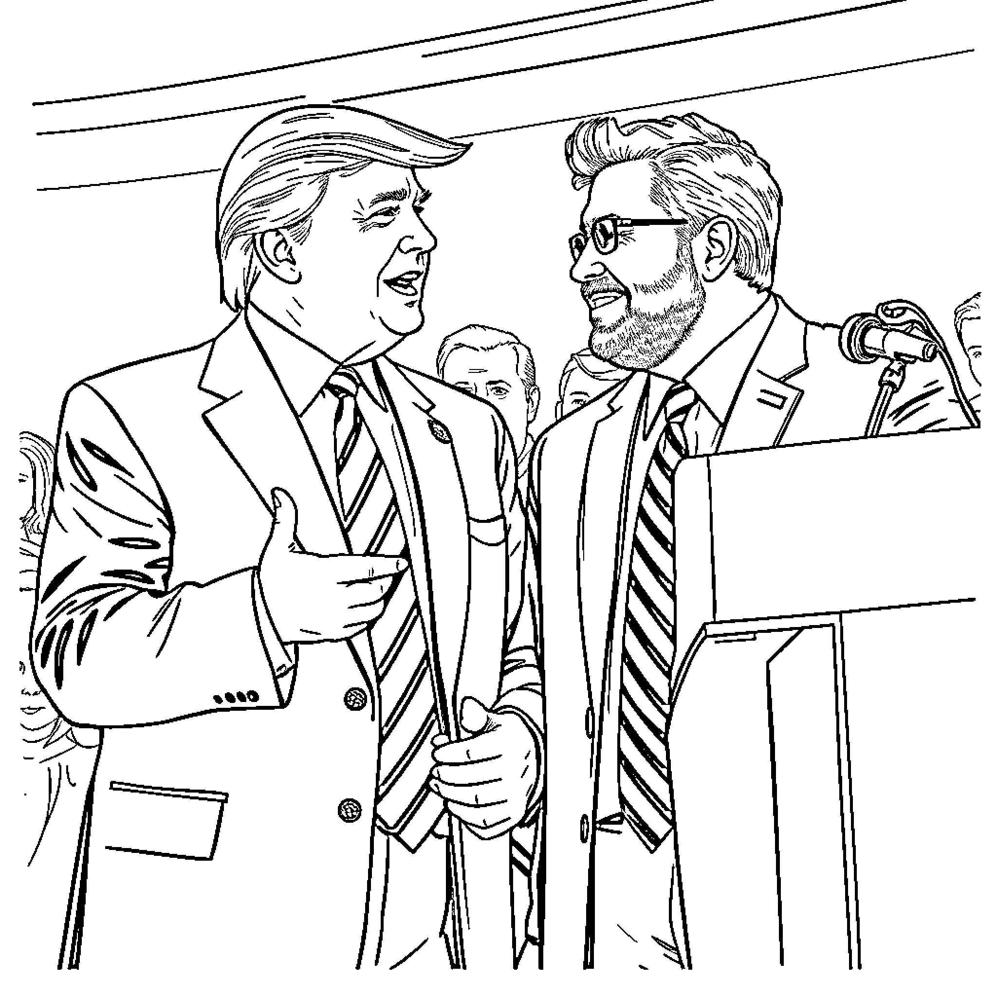 Trump Interacting Animatedly with Political Rival Coloring Page (free black-and-white line drawing printable PDF for all, from beginners to advanced learners, including children, teens, adults, and seniors)