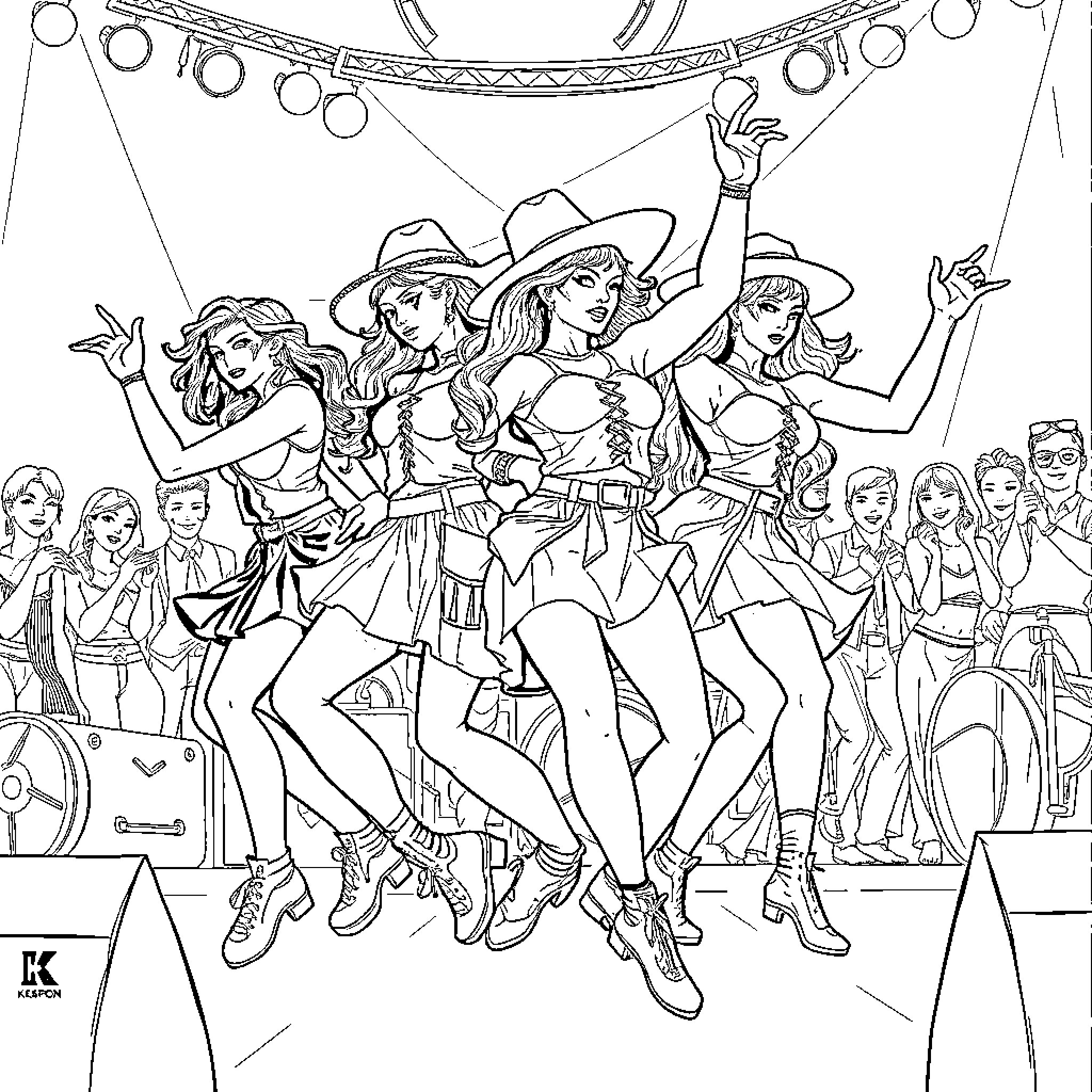 K Pop Warrior Dancers Performing on Stage Coloring Page (free black-and-white line drawing printable PDF for all, from beginners to advanced learners, including children, teens, adults, and seniors)