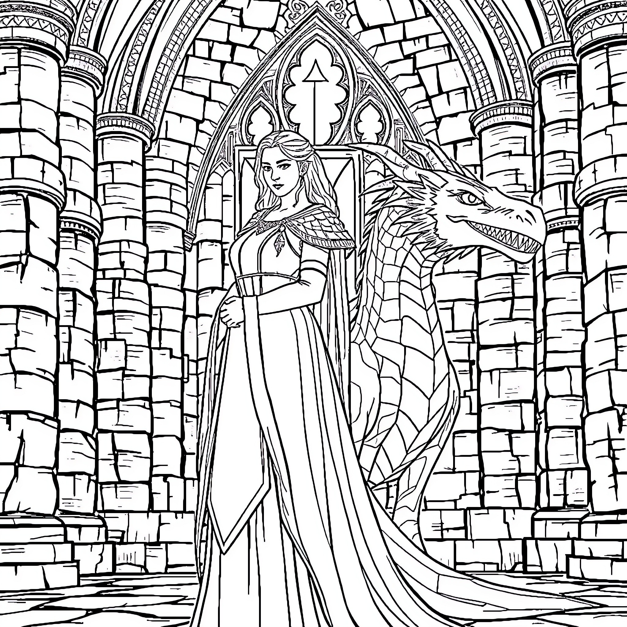 Daenerys Targaryen, the Mother of Dragons, in a Majestic Castle Coloring Page (free black-and-white line drawing printable PDF for all, from beginners to advanced learners, including children, teens, adults, and seniors)