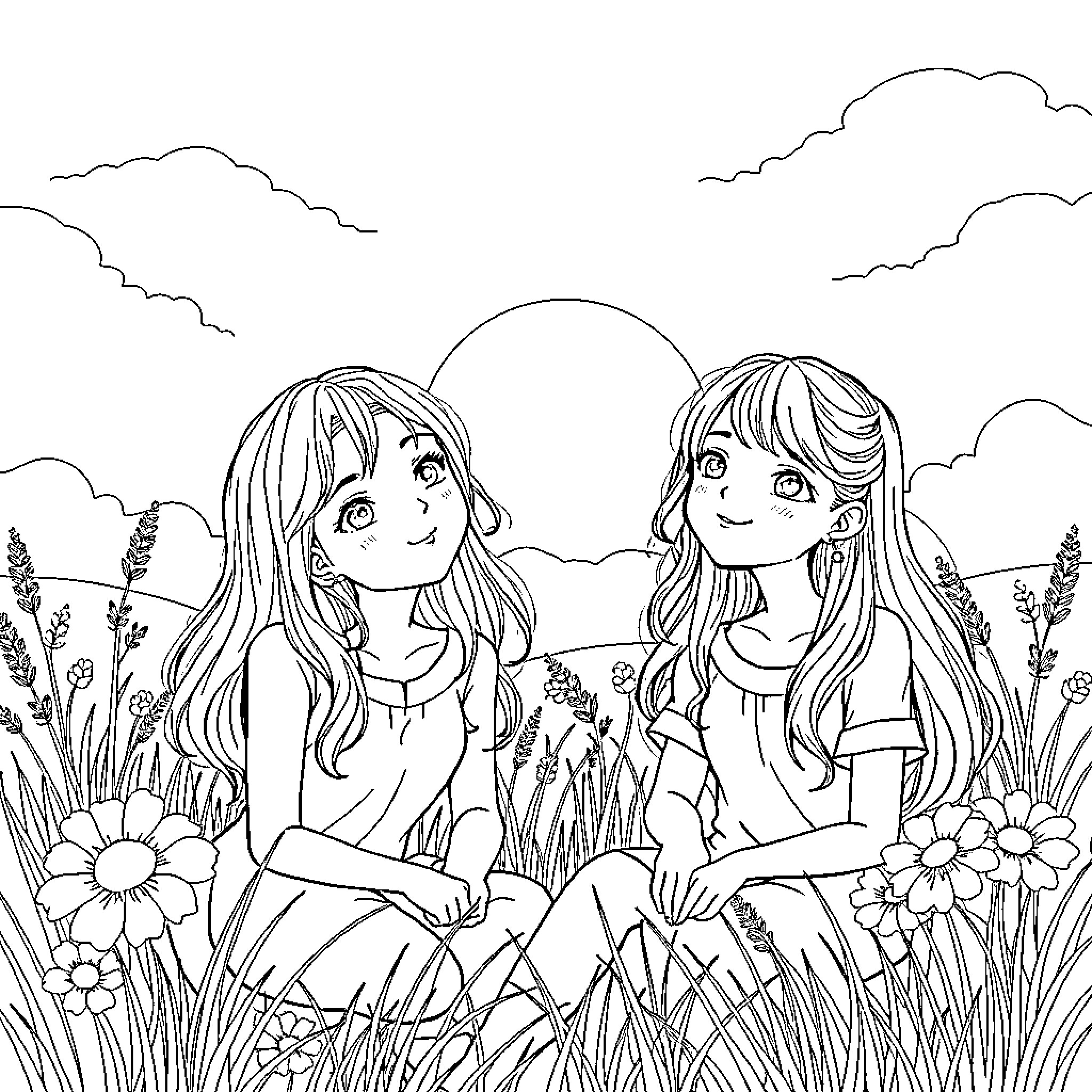 Girl Friends Enjoying Nature Together Coloring Page (free black-and-white line drawing printable PDF for all, from beginners to advanced learners, including children, teens, adults, and seniors)