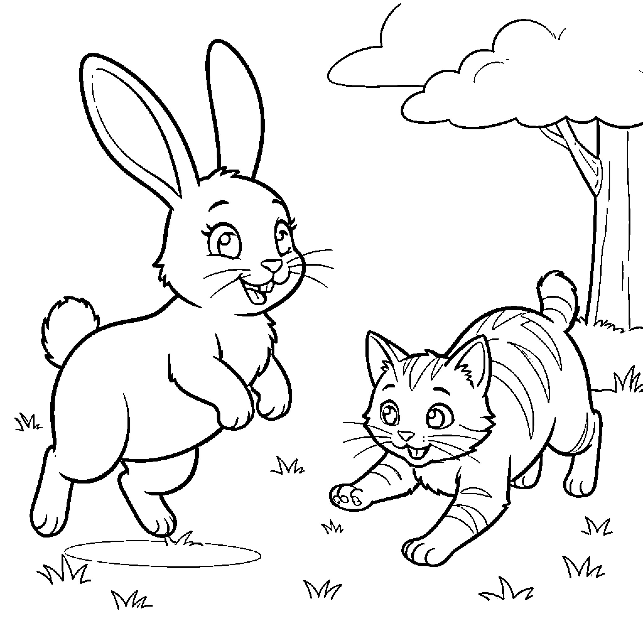 Rabbit and kitten playing together in a meadow Coloring Page (free black-and-white line drawing printable PDF for all, from beginners to advanced learners, including children, teens, adults, and seniors)