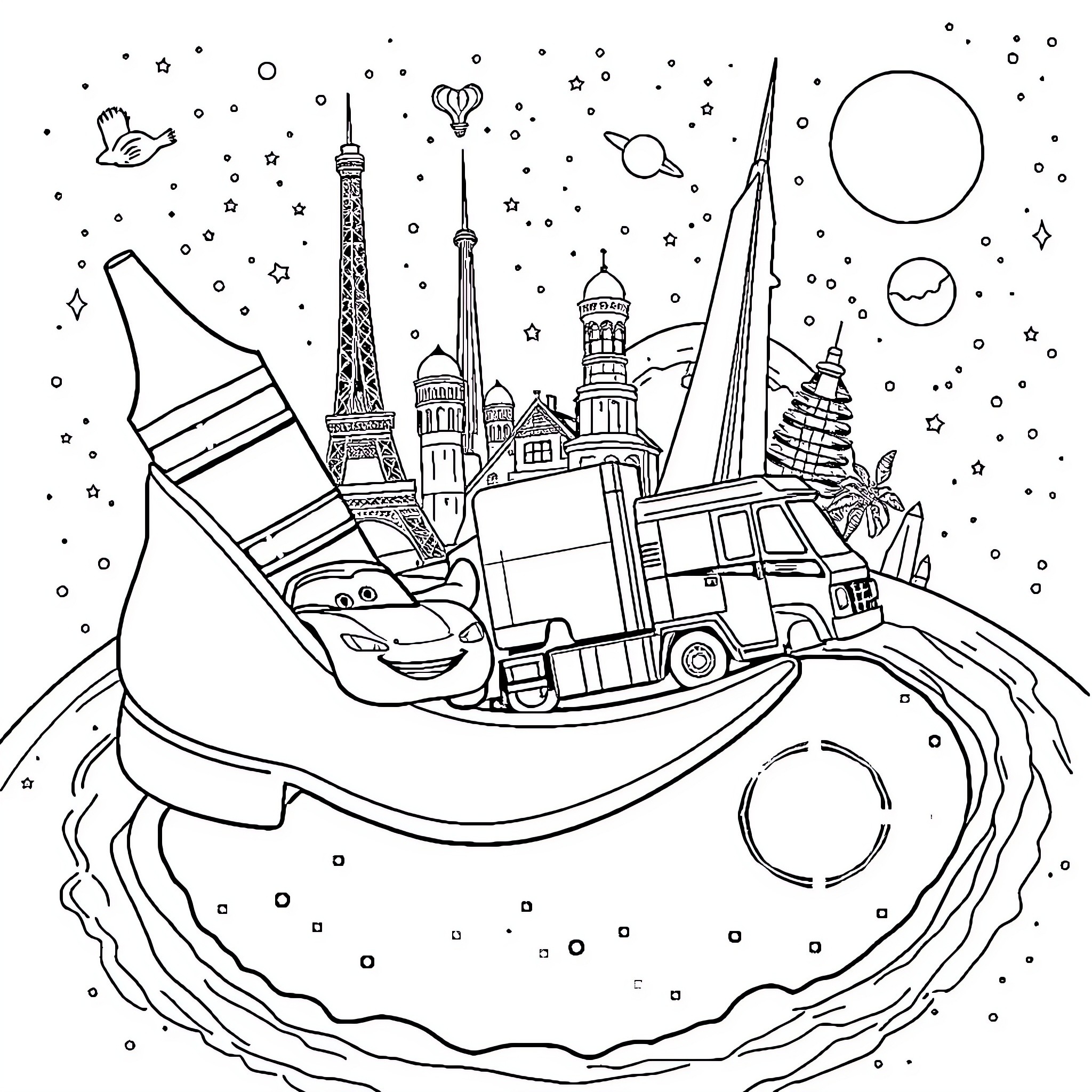 Crayon trip around the world Coloring Page (free black-and-white line drawing printable PDF for all, from beginners to advanced learners, including children, teens, adults, and seniors)