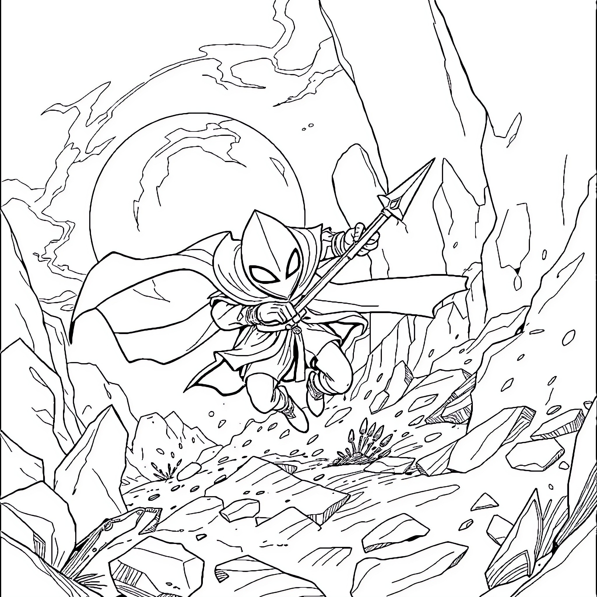Hollow Knight battling fierce creatures in a mystical landscape Coloring Page (free black-and-white line drawing printable PDF for all, from beginners to advanced learners, including children, teens, adults, and seniors)