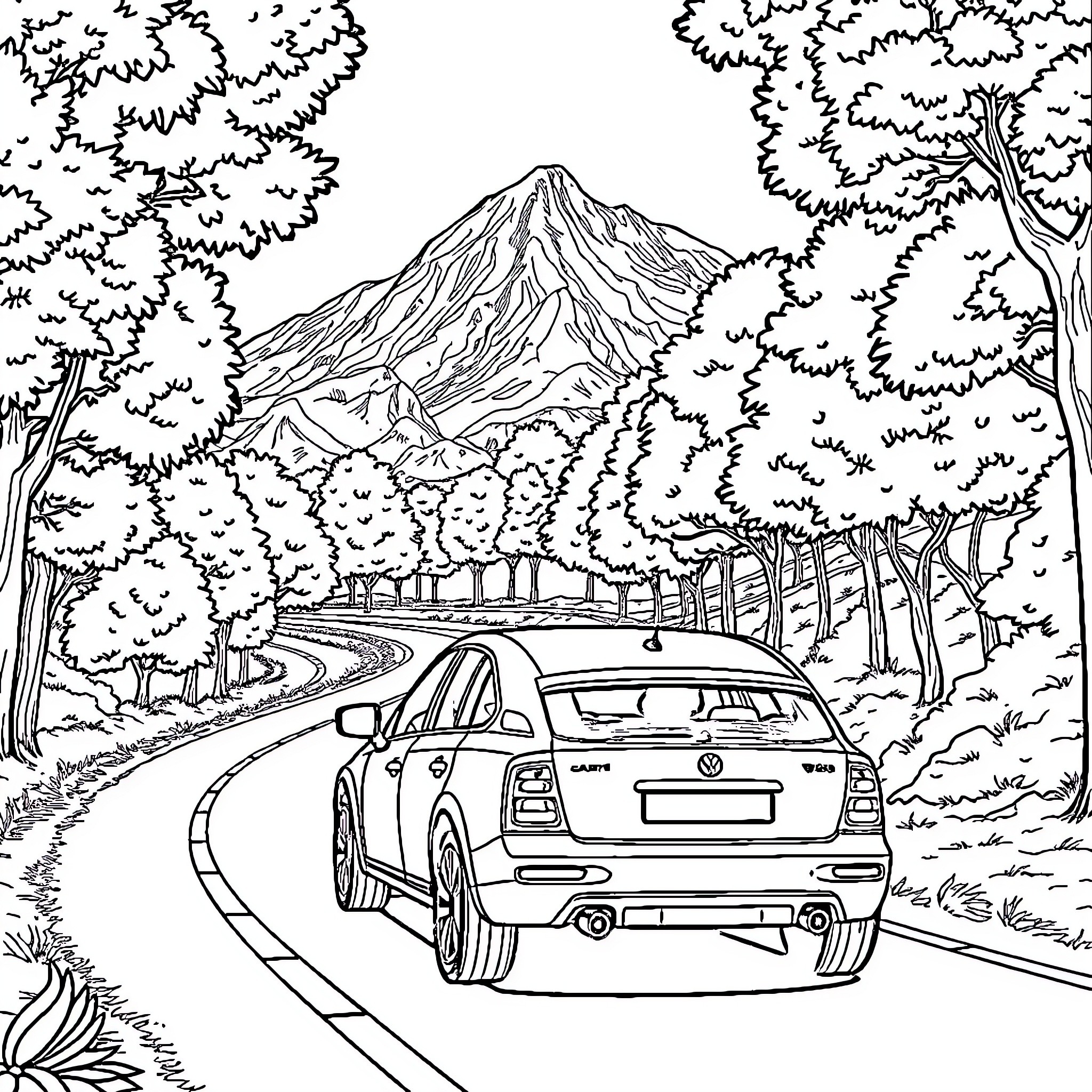 Car driving through scenic mountain landscape Coloring Page (free black-and-white line drawing printable PDF for all, from beginners to advanced learners, including children, teens, adults, and seniors)
