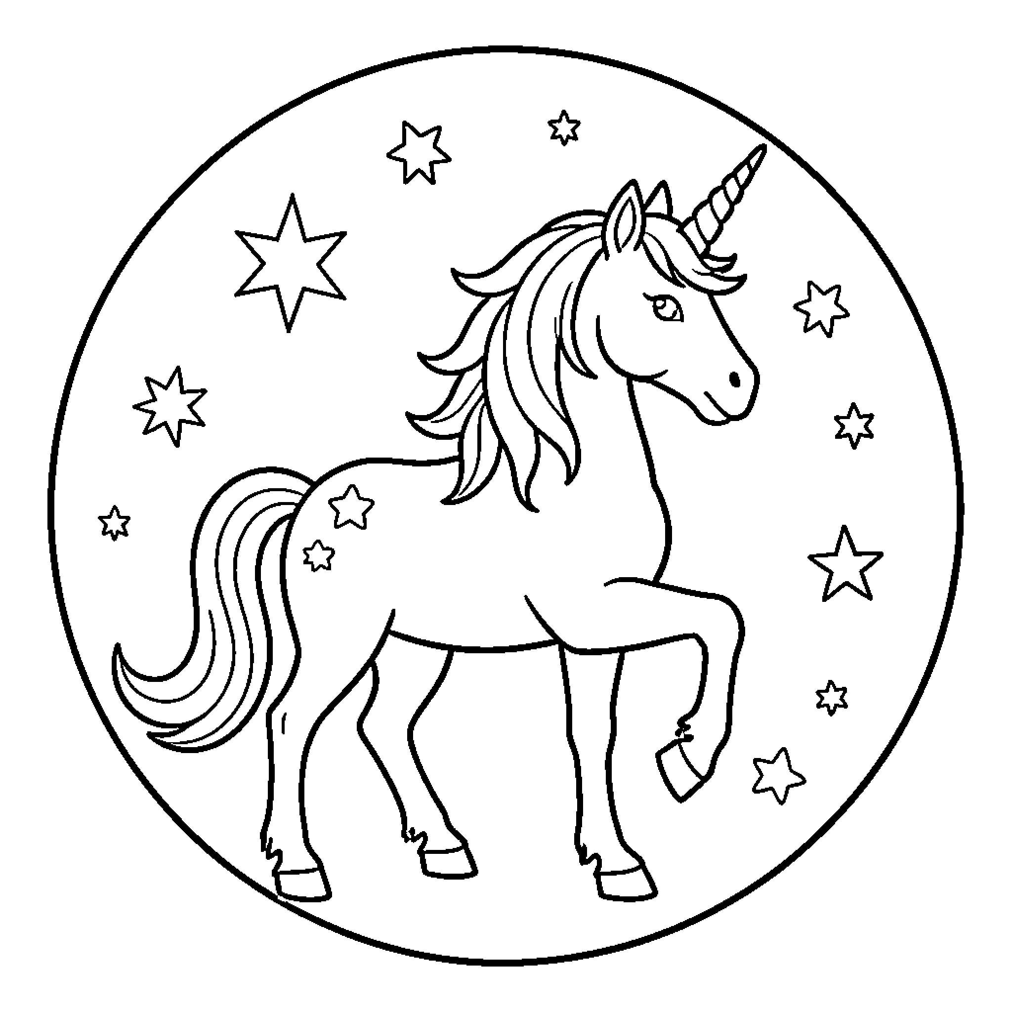 Unicorn standing gracefully among twinkling stars Coloring Page (free black-and-white line drawing printable PDF for all, from beginners to advanced learners, including children, teens, adults, and seniors)