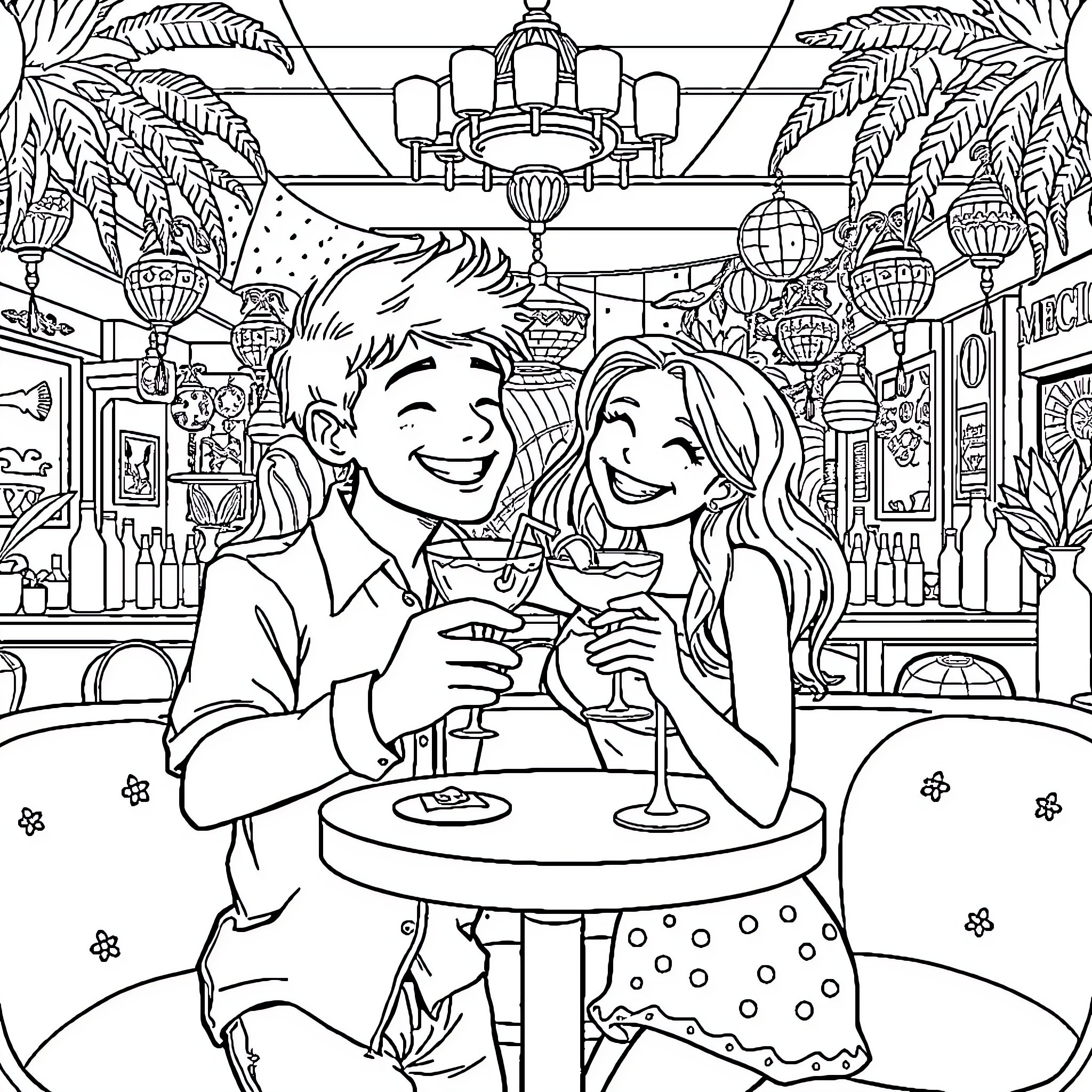 Boy and Girl Enjoying Drinks at a Tropical Bar Coloring Page (free black-and-white line drawing printable PDF for all, from beginners to advanced learners, including children, teens, adults, and seniors)