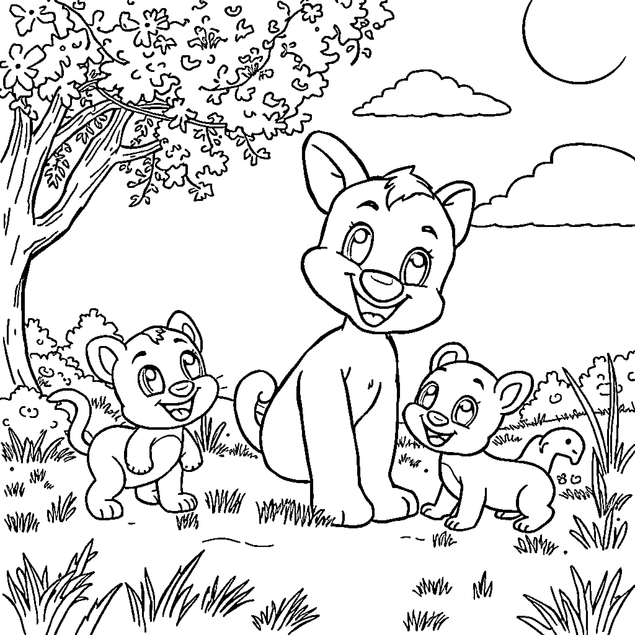 Bluey and her friends explore the outdoors Coloring Page (free black-and-white line drawing printable PDF for all, from beginners to advanced learners, including children, teens, adults, and seniors)