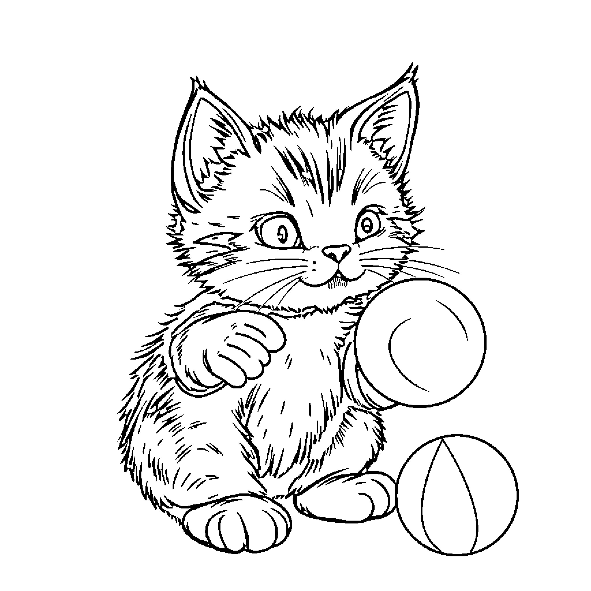 Cat playing with toys on a blank background Coloring Page (free black-and-white line drawing printable PDF for all, from beginners to advanced learners, including children, teens, adults, and seniors)