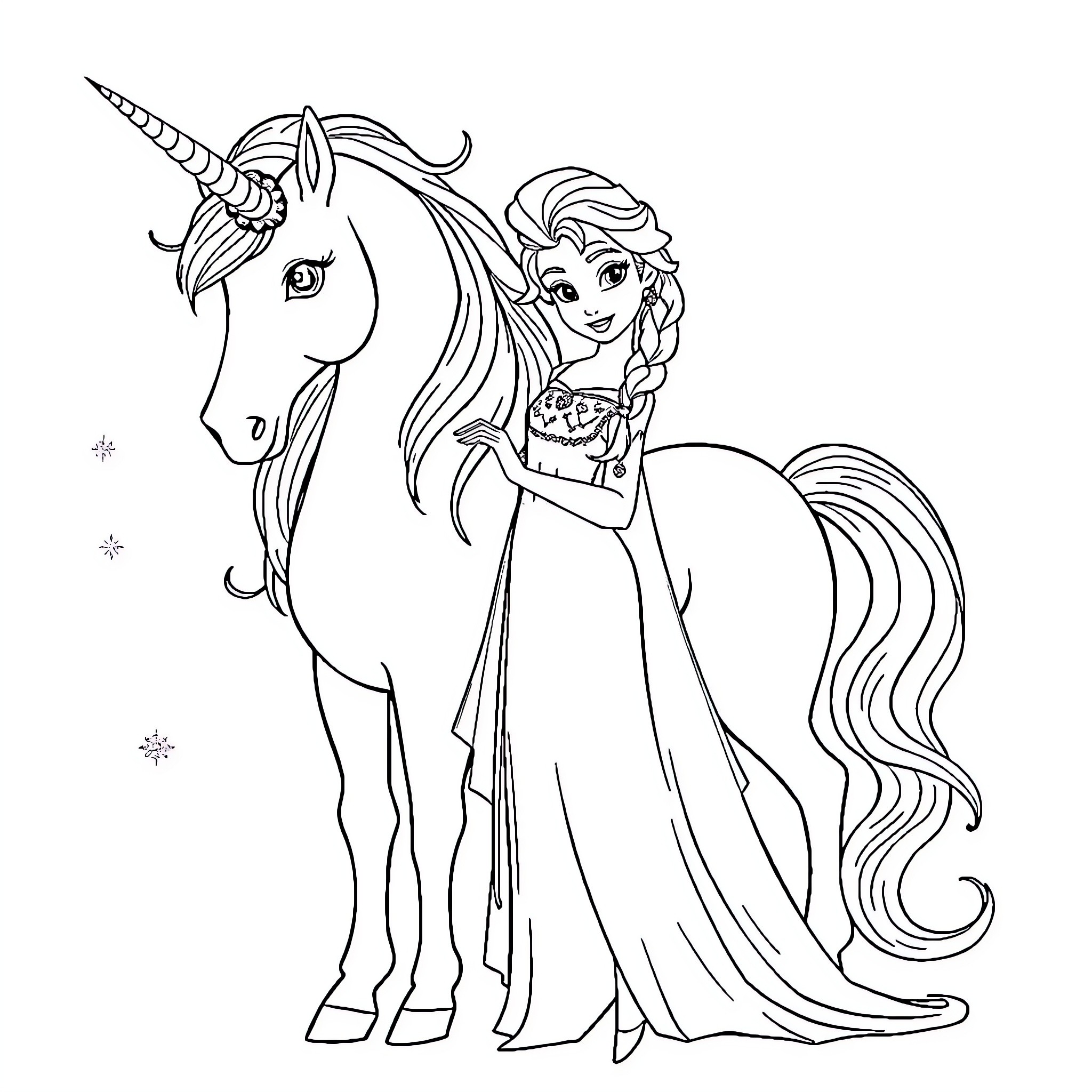 Elsa riding a magical unicorn in a fantasy gown Coloring Page (free black-and-white line drawing printable PDF for all, from beginners to advanced learners, including children, teens, adults, and seniors)