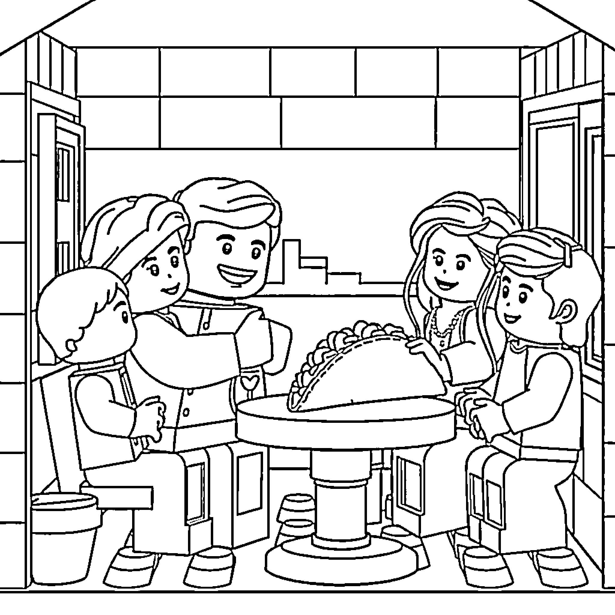 LEGO Figure Family Celebrating Together Coloring Page (free black-and-white line drawing printable PDF for all, from beginners to advanced learners, including children, teens, adults, and seniors)