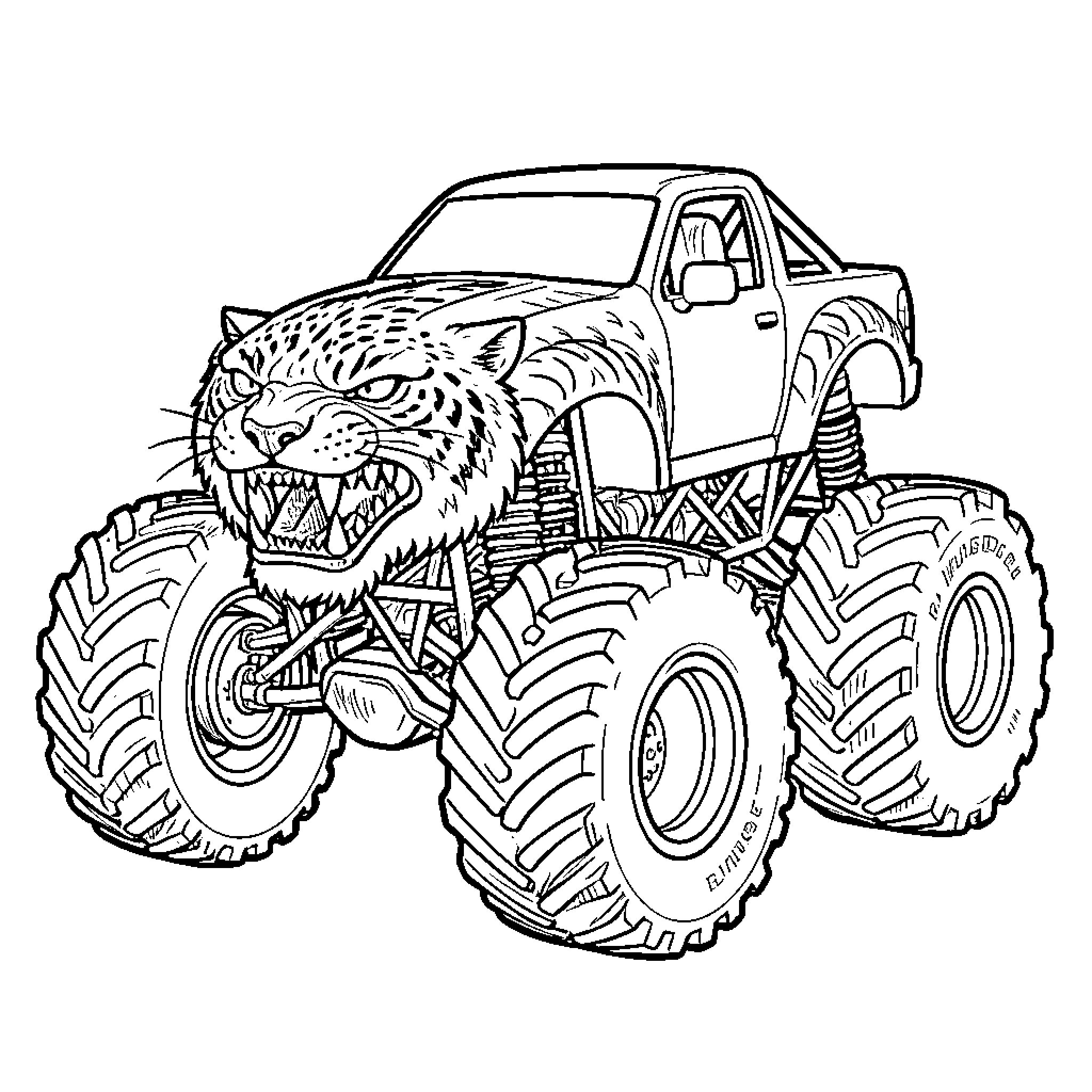 Monster Truck with an aggressive leopard head design Coloring Page (free black-and-white line drawing printable PDF for all, from beginners to advanced learners, including children, teens, adults, and seniors)