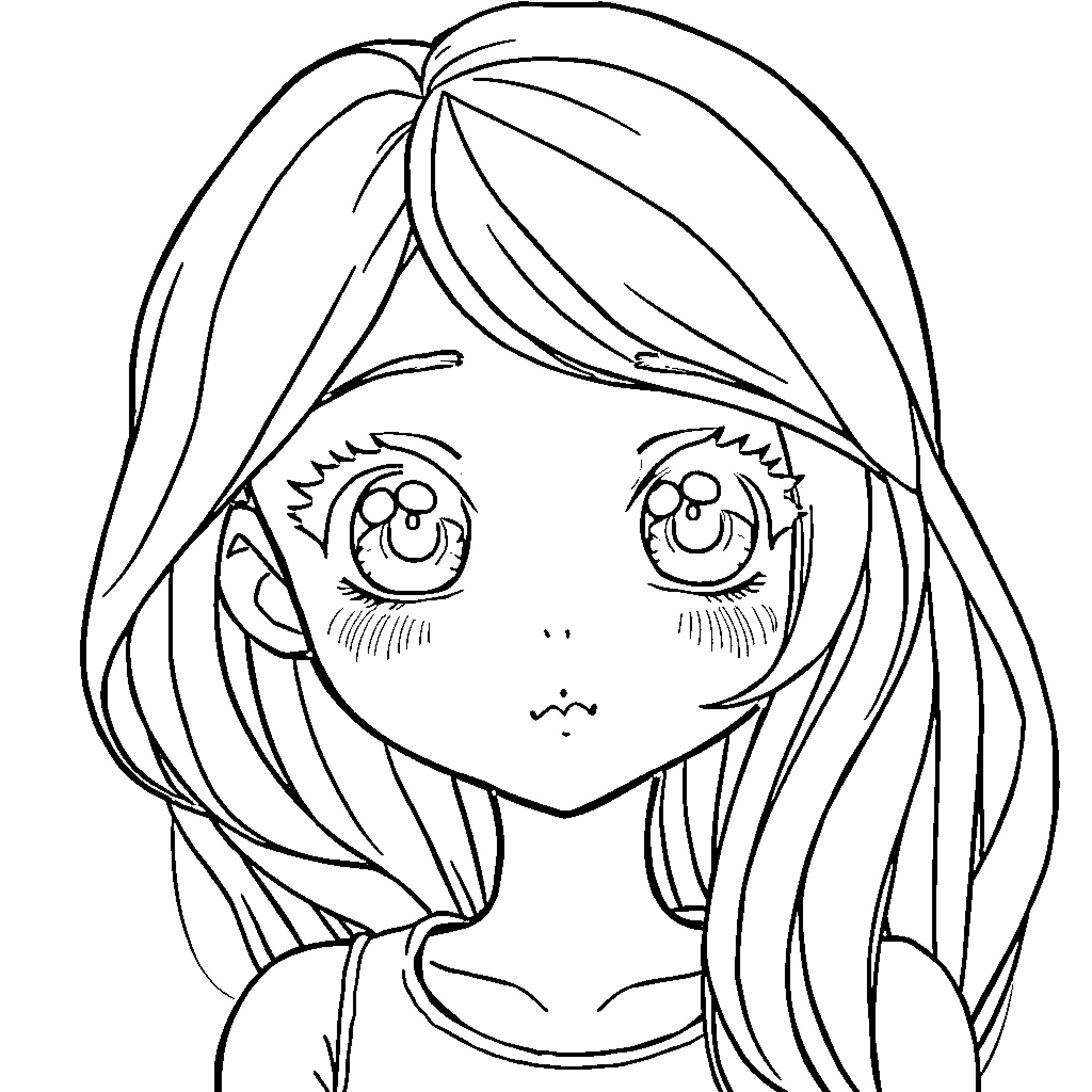 Anime Girl with Long Hair and Expressive Eyes Coloring Page (free black-and-white line drawing printable PDF for all, from beginners to advanced learners, including children, teens, adults, and seniors)