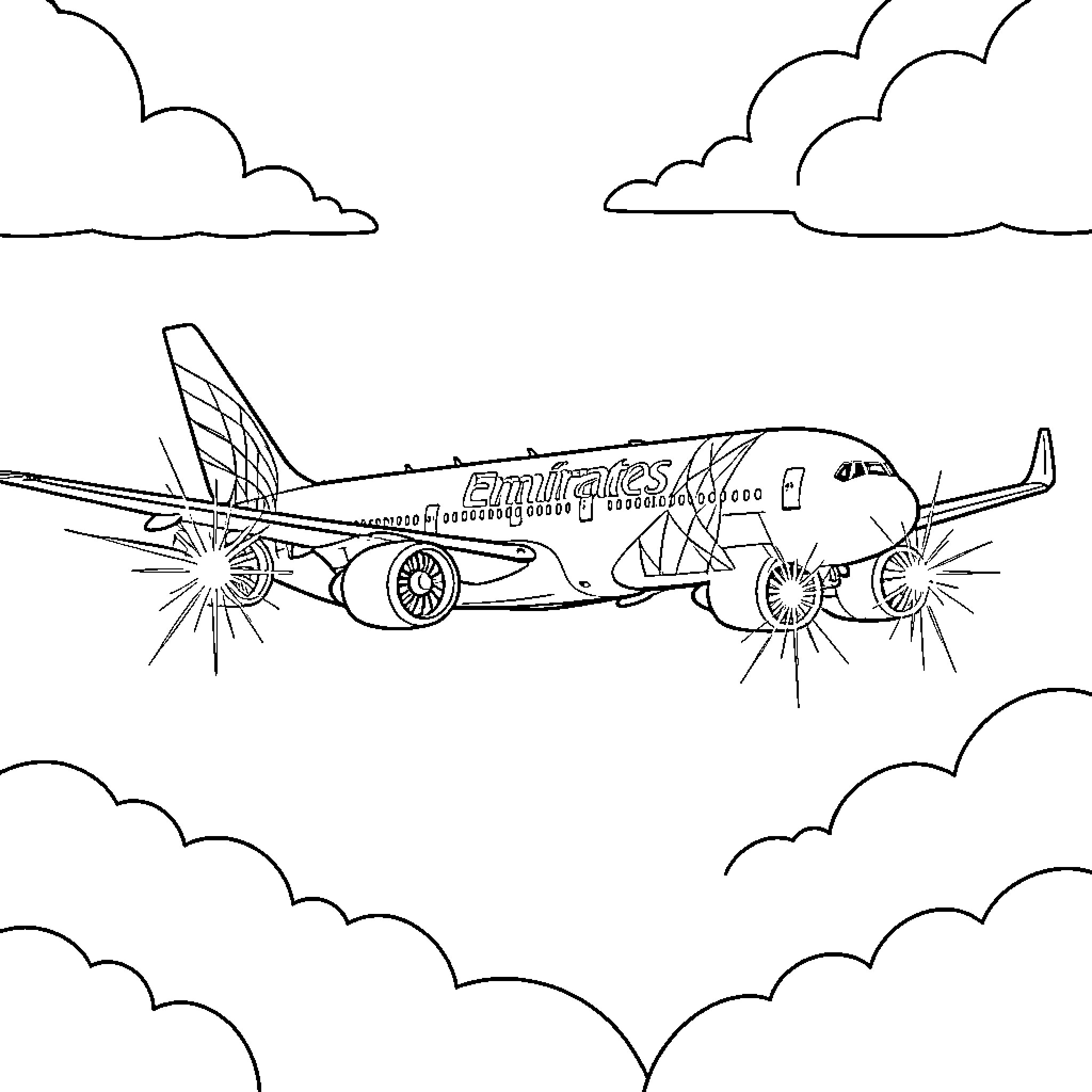 Avión volando en el cielo entre nubes Coloring Page (free black-and-white line drawing printable PDF for all, from beginners to advanced learners, including children, teens, adults, and seniors)