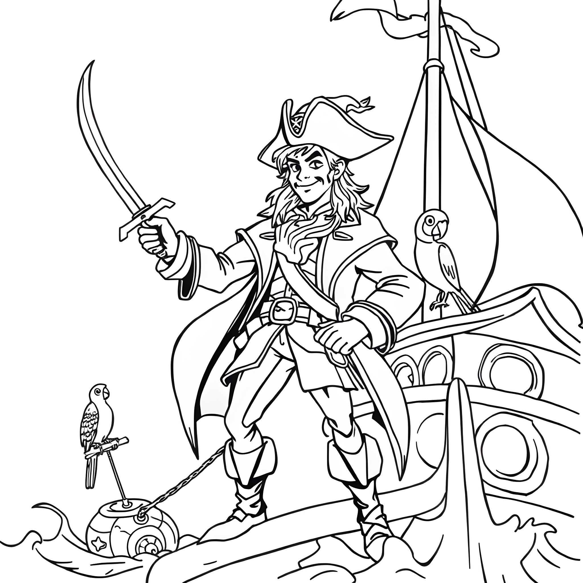Captain Hook's Daring Pirate Adventure Coloring Page (free black-and-white line drawing printable PDF for all, from beginners to advanced learners, including children, teens, adults, and seniors)