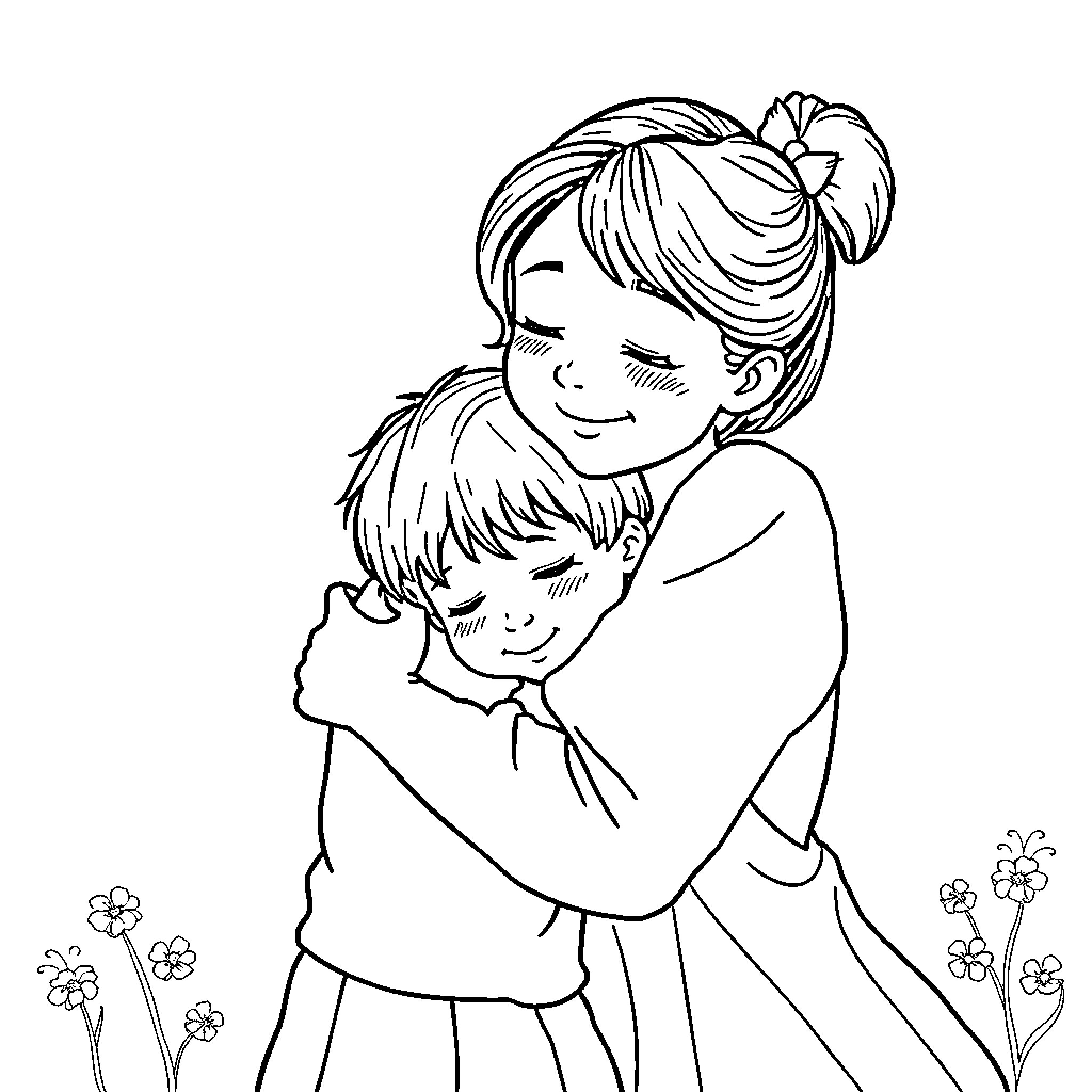 Sister's Tender Embrace Coloring Page (free black-and-white line drawing printable PDF for all, from beginners to advanced learners, including children, teens, adults, and seniors)