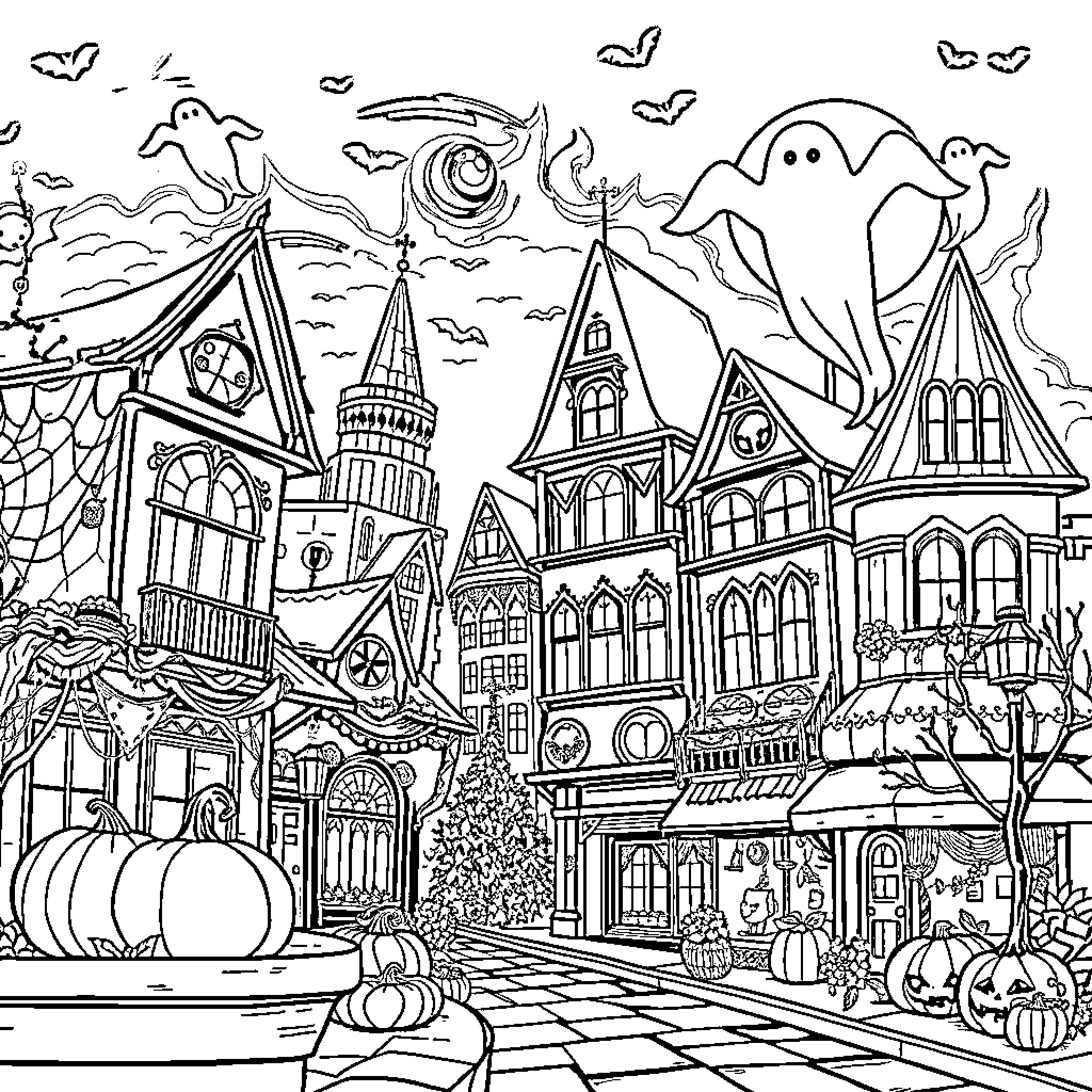 City bustling with Halloween festivities and spooky decor Coloring Page (free black-and-white line drawing printable PDF for all, from beginners to advanced learners, including children, teens, adults, and seniors)