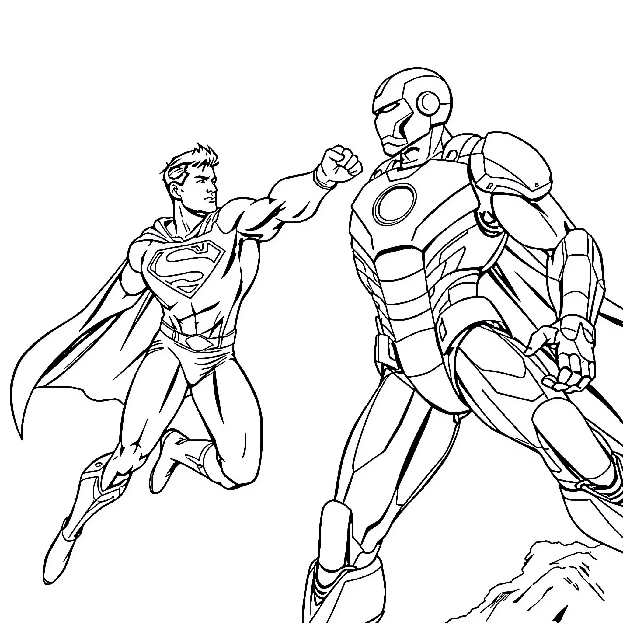 Superman Battles a Robotic Opponent Coloring Page (free black-and-white line drawing printable PDF for all, from beginners to advanced learners, including children, teens, adults, and seniors)